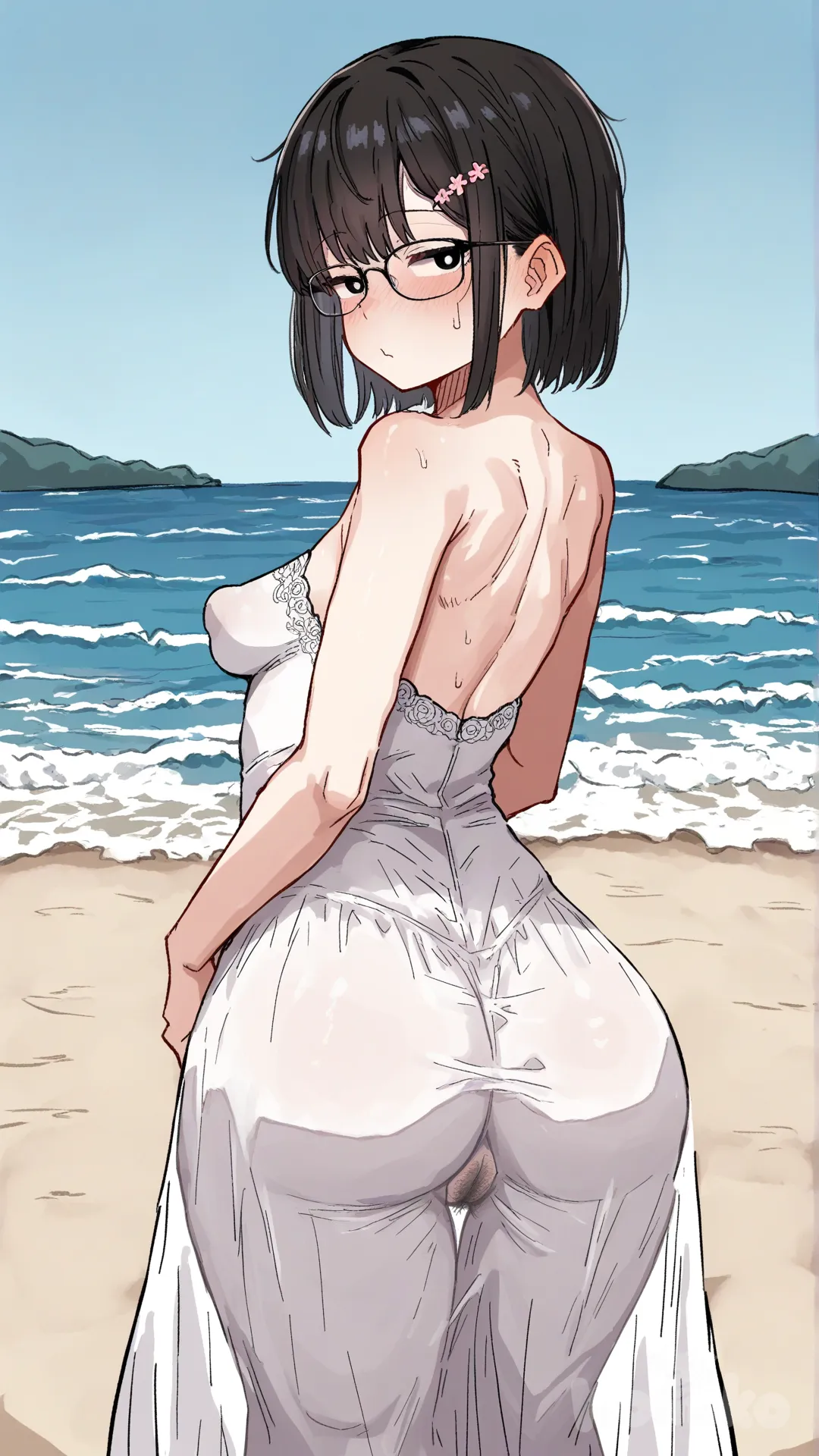 [hentai-style] mujer joven, con tetas medianas, pezones remarcados, culo grande, vagina grande y gorda remarcada con pelitos, chica con lentes, ojos color negro, cabello corto negro, clip morado, vestida de novia, en la playa