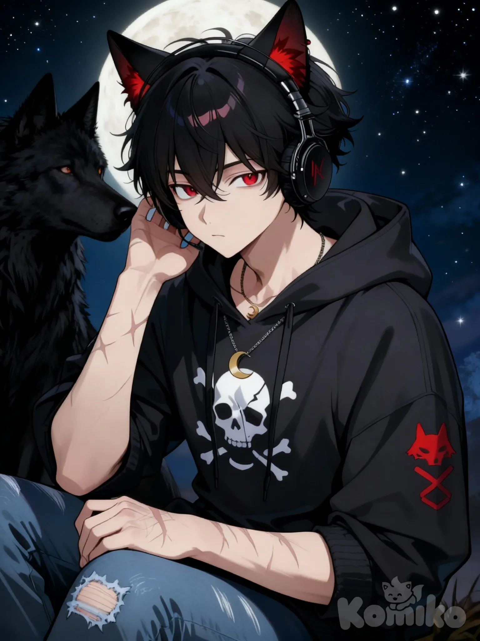 @mati-uJqN , con un lobo negro, mirando la luna