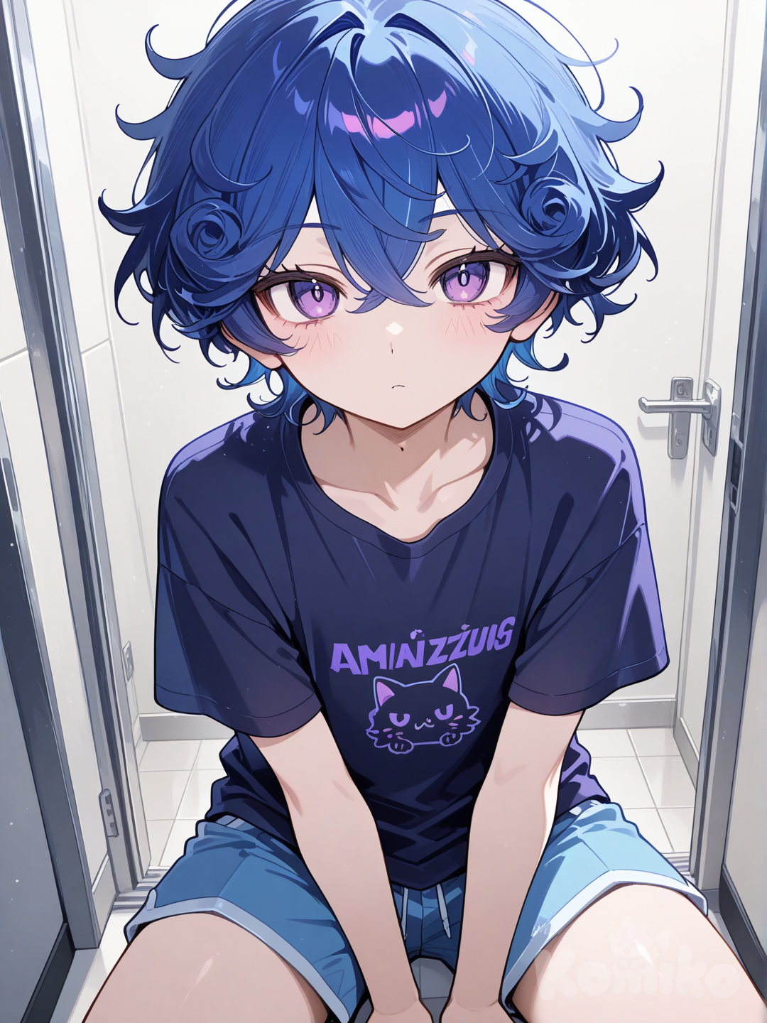 anime boy, blue hair, purple eyes, t-shirt, curly hair, short pants