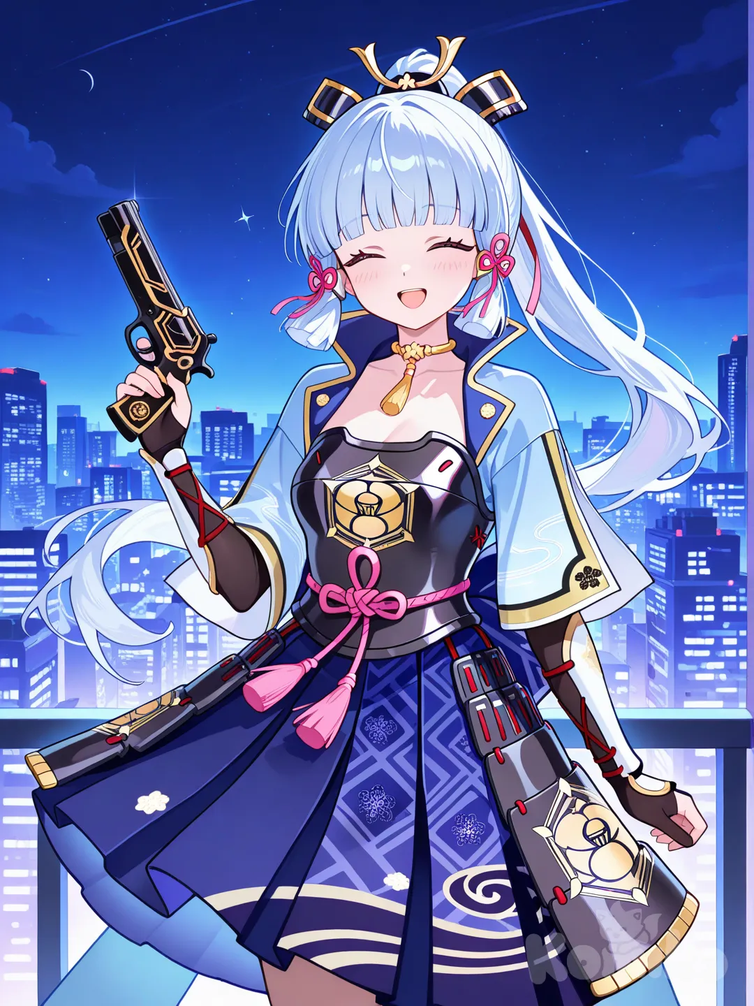 @Kamisato_Ayaka, laughing, holding gun, skyscraper