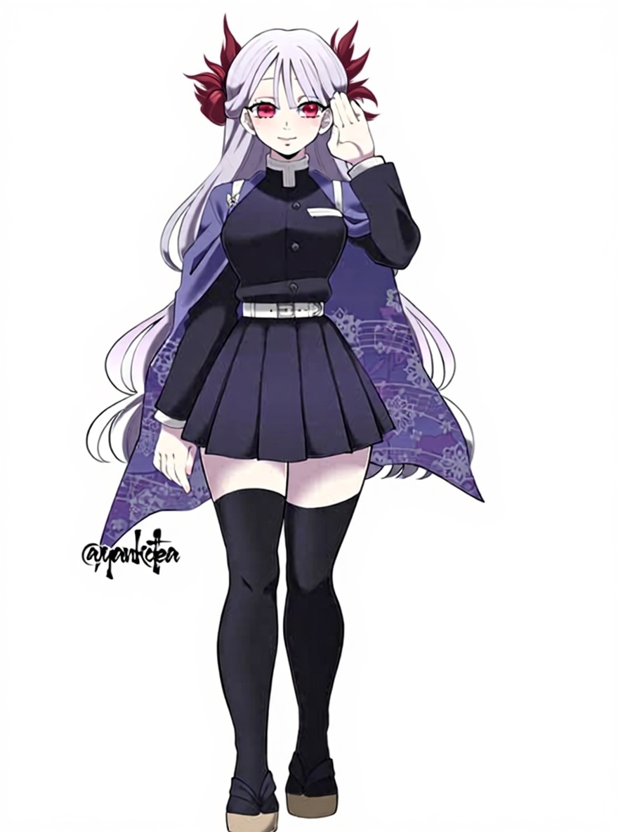 1girl, off-white hair, wavy hair, maroon hair, straight hair with waves, red eyes, fair skin, petite, teenager, demon slayer style, original character, anime style, single character, full body, looking at viewer, simple background, white background