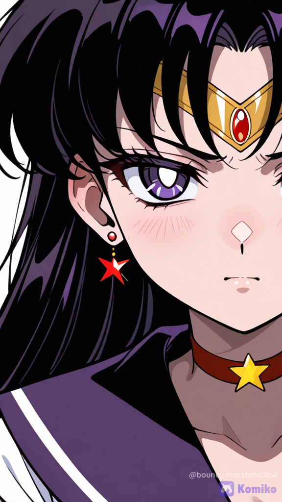 Extreme close-up of Sailor Mars in 90s vintage anime cel-shaded style. Palette is desaturated with muted skin tones and deep purple-black hair. She has a heavy-lidded, intense, dismissive scowl. Eyes are matte purple. Accessories match: a simple gold tiara with a flat oval red gem, five-point star earrings (matte crimson), and a matching choker star. Lines are clean and dark. Shadows are sharp and flat, creating a canvas-like print texture with a slight grain. Background is solid plain white.
