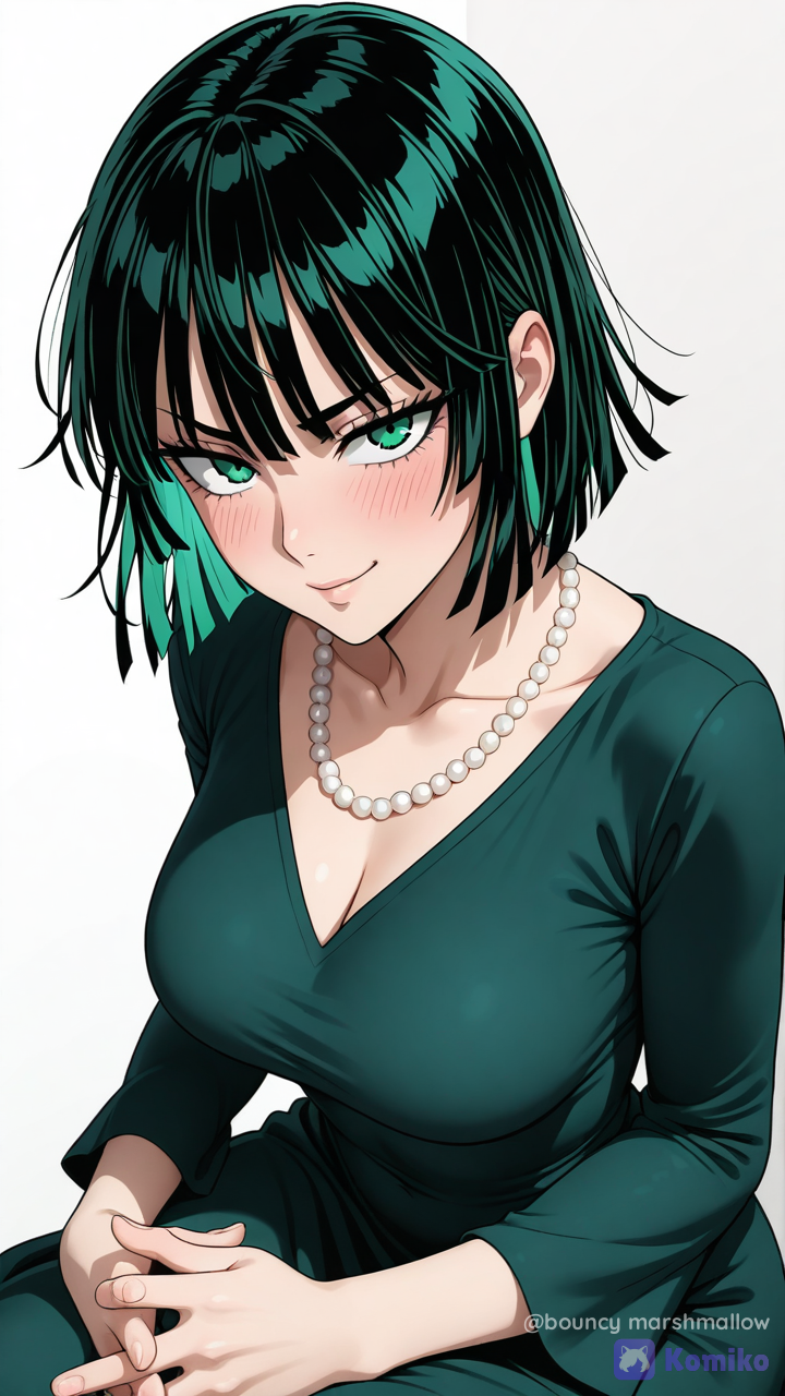 @Fubuki_(One-Punch_Man), (extremely anime illustration), close-up, high-angle shot looking down at the character Fubuki from One Punch Man. She has a short, deep emerald-green bob haircut with heavy bangs, rendered with cell-shaded highlights and defined line art, referencing image_0.png. Her eyes are large, with piercing electric-green irises and pupils, looking directly and confidently up at the viewer. She has thick, defined black upper and lower eyelashes, with light, shimmering eyeshadow. Her expression is a confident, slightly smiling half-smirk, with subtle pink blush on her cheeks. She wears a tight, dark forest-green dress with a sharp V-neck collar, rendered with smooth cel-shading and clean outlines. A prominent necklace of round, polished pearls with soft, lustrous sheen is around her neck. The perspective makes her upper body prominent, with her hands clasped loosely in her lap. The background is a clean, minimalist off-white studio. Strong, direct front lighting creates clean highlights and soft shadows on her hair and clothing.