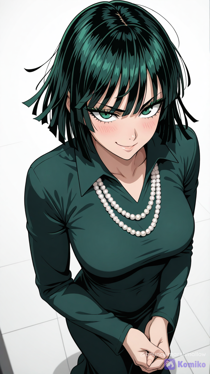 (extremely anime illustration), close-up, high-angle shot looking down at the character Fubuki from One Punch Man. She has a short, deep emerald-green bob haircut with heavy bangs, rendered with cell-shaded highlights and defined line art, referencing image_0.png. Her eyes are large, with piercing electric-green irises and pupils, looking directly and confidently up at the viewer. She has thick, defined black upper and lower eyelashes, with light, shimmering eyeshadow. Her expression is a confident, slightly smiling half-smirk, with subtle pink blush on her cheeks. She wears a tight, dark forest-green dress with a sharp V-neck collar, rendered with smooth cel-shading and clean outlines. A prominent necklace of round, polished pearls with soft, lustrous sheen is around her neck. The perspective makes her upper body prominent, with her hands clasped loosely in her lap. The background is a clean, minimalist off-white studio. Strong, direct front lighting creates clean highlights and soft shadows on her hair and clothing.