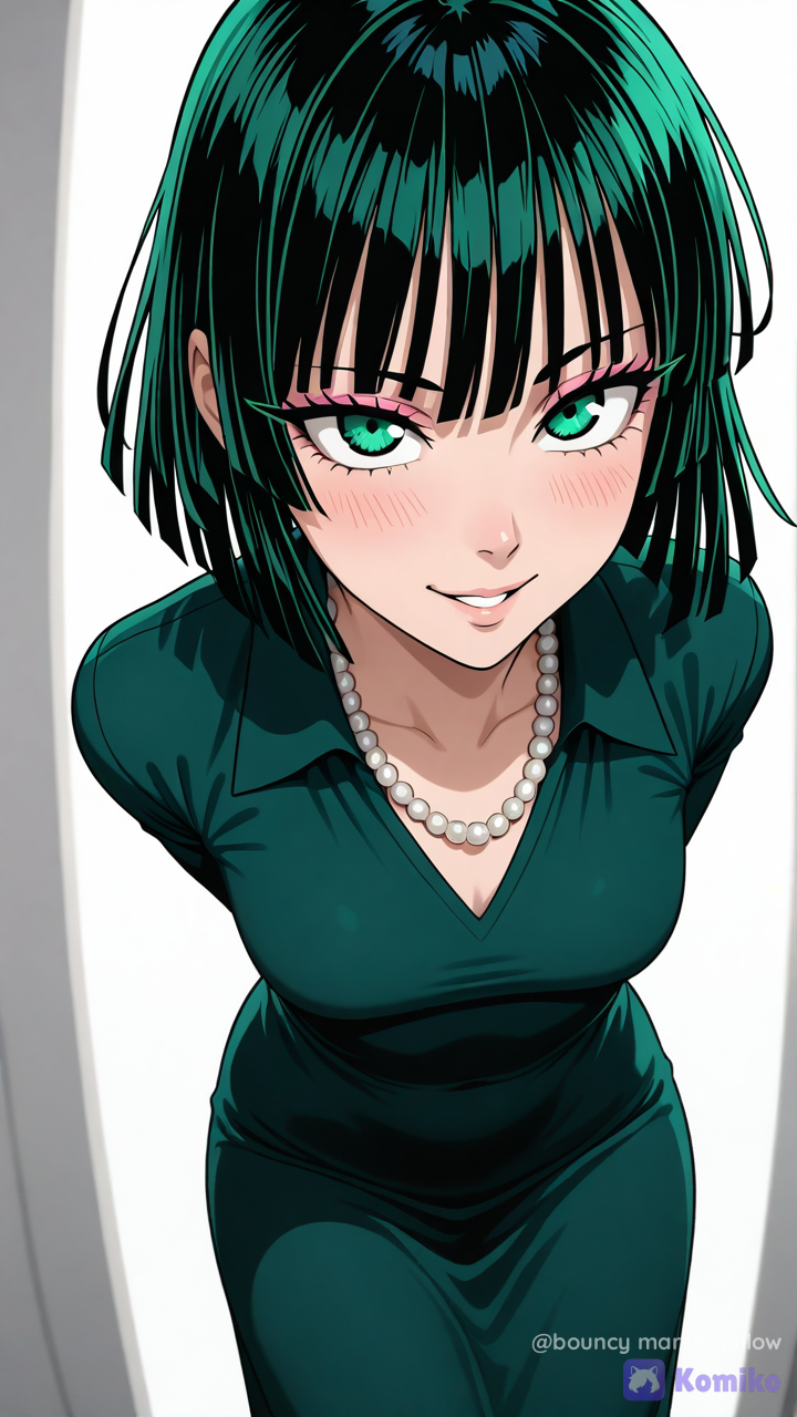 (extremely anime illustration), close-up, high-angle shot looking down at the character Fubuki from One Punch Man, Subject: A precise depiction of Fubuki with short, deep emerald-green bob haircut and heavy, blunt-cut bangs that cover her forehead, rendered with defined cel-shading highlights and clean, thin line art.
Features: Her face is central, with a slightly flushed pinkish-peach skin tone. Her eyes are large and captivating, with distinct electric lime-green irises and pupils, thick, defined upper and lower eyelashes, and a subtle pinkish-red shimmering eyeshadow. She looks directly and confidently up at the viewer. Her lips are slightly parted in a faint, confident smile.
Pose: A high-angle 'down-gaze' perspective, with her leaning forward slightly.
Attire: She wears a tightly tailored, dark forest-green collared shirt dress, with a clean V-neck opening. A single strand of lustrous, round, cream-colored pearls with soft reflections is visible around her neck. The perspective and her forward lean define the deep fabric folds of the tight dress.
Color and Light: The color palette is composed of varied greens (hair, dress, eyes) and clean skin tones. Strong, clean front lighting creates defined cel-shaded forms, with precise highlights on the hair, nose bridge, eyes, and pearl necklace. Clear, defined thin black line art outlines the entire figure.
Background: A clean, minimalist, pure off-white studio background