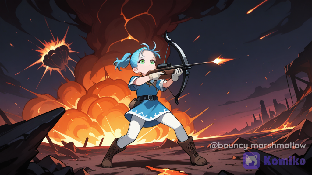 Marle(Chrono Trigger) peleando contra Lavos (Chrono Trigger), escenario apocalíptico, fuegos callendo del cielo, ella con su ballesta