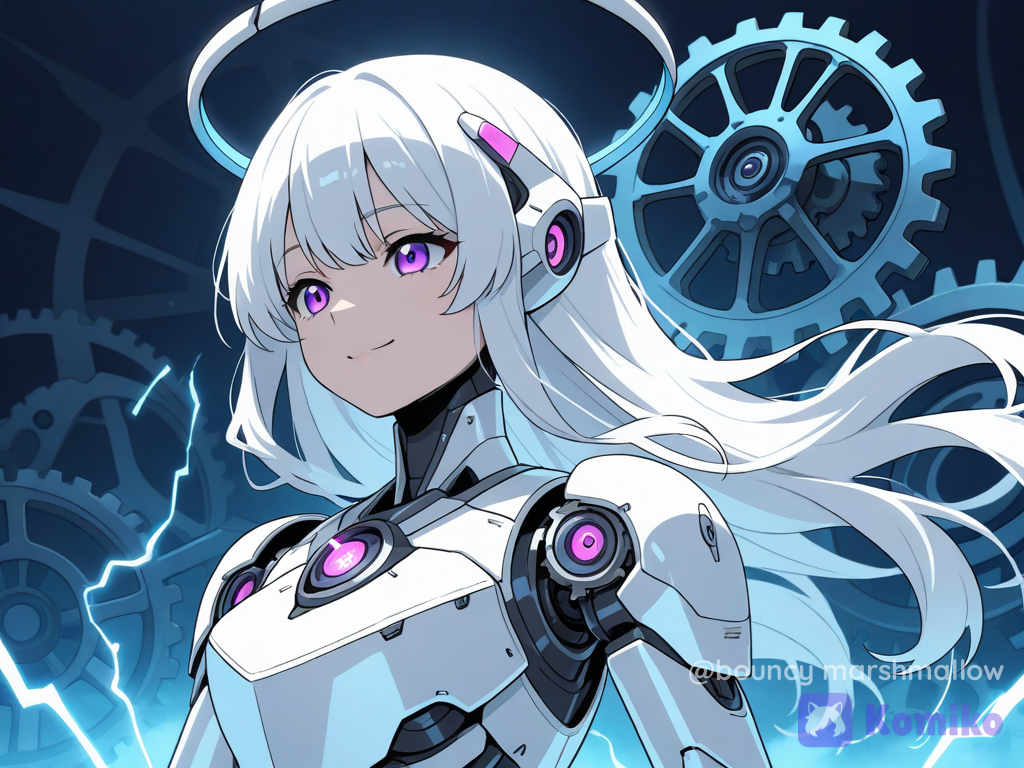 (top quality:1.2), 1girl, solo, anime style, flat color, cel shading, highly beautiful mechanical goddess, white long hair, long bangs, purple eyes, gentle expression, smile, metallic bronze and white armor, robotic parts, mechanical joints, intricate gear details on armor, glowing accents, vibrant cyan blue background, decorative gears in background, portrait, cinematic lighting, sharp focus.