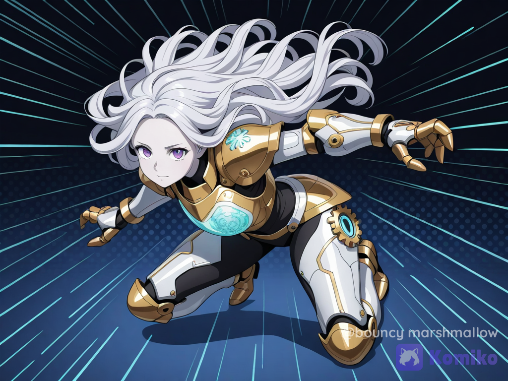 A vibrant anime-style digital illustration depicts a confident young female character with long flowing silver-white hair, large expressive purple eyes, fair smooth skin and a gentle closed-mouth smile, positioned dynamically in the lower-left to center area leaning slightly forward with her head tilted, wearing ornate white and gold mechanical armor featuring prominent gear motifs, glowing cyan-blue energy lines, segmented plating on the chest, waist and thighs, golden shoulder pauldrons with angular spikes and blue gem accents, and a large mechanical gauntlet on her extended right arm reaching toward the right side of the frame with fingers slightly curled. The background consists of a bright cyan-blue field covered in fine white polka dots, translucent gear icons, circular emblems and faint radial speed lines behind the character, creating a lively mechanical and energetic atmosphere. In the bottom right, a cloud-shaped turquoise badge displays the words Initial Affinity in white above three small brown gear icons marked with cross and plus symbols, The character’s armor shows metallic highlights, subtle reflections and clean cel-shaded gradients, while her hair flows naturally with soft volume and light catching the strands. The overall composition balances the figure on the left with sweeping text elements and mechanical motifs filling the negative space, rendered in polished high-resolution digital anime style with crisp linework, vibrant saturated colors, smooth shading and a bright, playful promotional mood, ultra-8K quality.