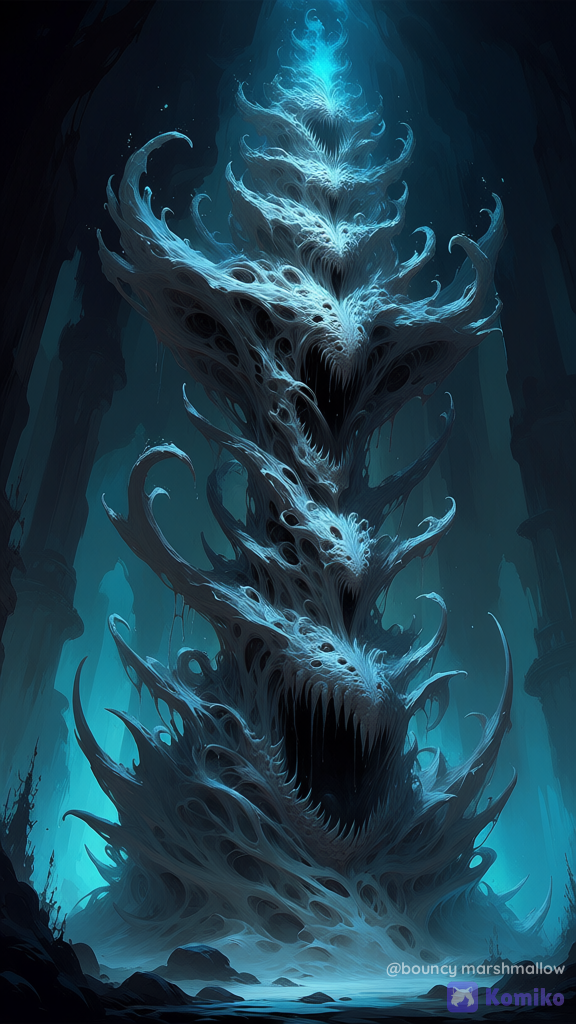 A grotesque eldritch horror (monstrous entity:1.3) centered in a dark, cavernous environment, pale gelatinous skin texture with subtle iridescent sheen, multiple vertically stacked mouths with sharp serrated teeth (teeth:1.2), long spindly clawed appendages extending outwards, central towering neck-like appendage, secondary tentacles swirling in the dark foreground, deep shadows, atmospheric volumetric lighting, eerie mystical fog, cold color palette with icy blues and desaturated grays, Lovecraftian aesthetic, dark fantasy digital painting, high contrast, sharp focus on the central beast, intricate organic details, nightmare-inducing creature, cinematic composition, thick oil brushwork style, eerie glowing highlights, haunting and surreal atmosphere.