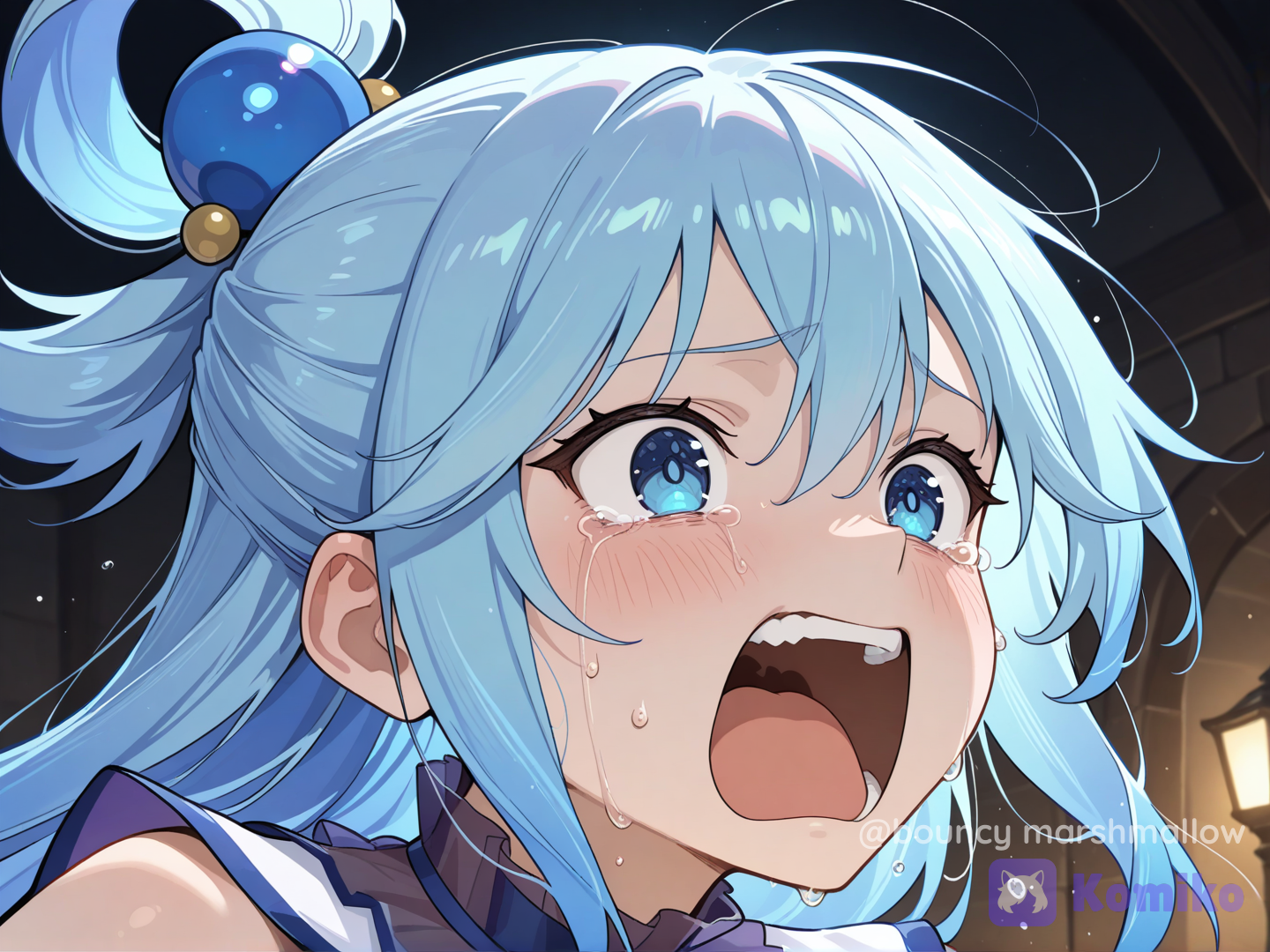 (top quality, :1.2), aqua (konosuba), solo, anime style, 1girl, close-up, expression of extreme panic and crying, crying, tears, mouth wide open, screaming, fear, funny face, comical, blue hair, long hair, ponytail, hair accessory, blue eyes, white outfit, blue accents, light skin, skin, highly expressive, comedic anime scene, vibrant colors, cinematic lighting, cel shading.