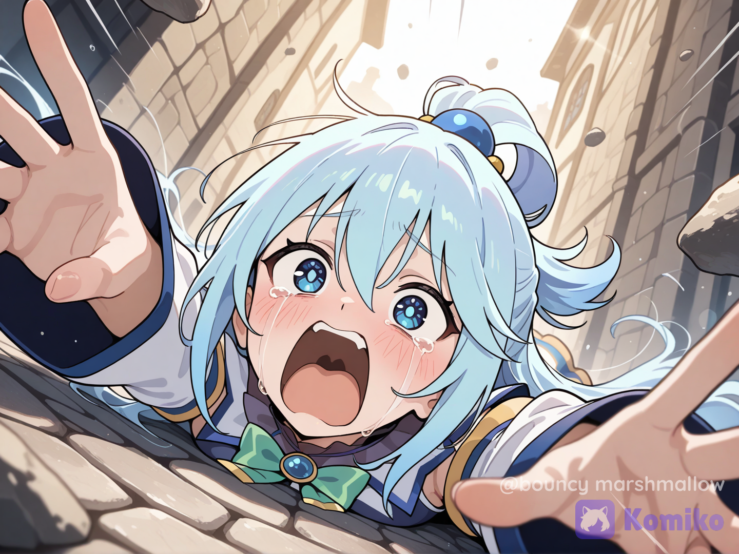 An anime-style digital illustration or animation screenshot capturing an extreme close-up of a young female character with light cyan-blue hair in a moment of intense emotional distress, screaming with her mouth wide open. The character features large, wide eyes that are light blue with thick black outlines and white ring-like sclera, conveying shock or overwhelming emotion, accompanied by small white tear droplets streaming down her cheeks. Her mouth is agape in a loud cry or scream, revealing a dark brownish-red interior and teeth, while a heavy, diagonal pink blush with hatching lines covers her nose and cheeks, indicating embarrassment or extreme emotion. Her hair is a vibrant light blue, styled with a blue hair tie featuring a yellow spherical bead on the left side, with loose strands of hair falling around her face and framing her features. She wears a white garment with distinct blue and golden-yellow bands on the sleeve, which appears in the blurred foreground on the right side, suggesting a shallow depth of field or forward motion, as if she is reaching out towards the viewer or falling forward. The background consists of out-of-focus beige and grey cobblestones or stone pavement, indicating an outdoor ground setting with a rough, textured surface that is rendered with soft bokeh. The visual style is classic 2D cel-shaded anime, defined by clean, crisp black linework, flat color palettes, and hard, distinct shadow boundaries without smooth gradients on the skin or hair, typical of high-budget television animation. The lighting is bright and diffuse, simulating natural daylight from above, casting soft shadows under the chin and hair. The composition is a tight facial shot with a shallow depth of field that blurs the foreground arm and the background stones, focusing entirely on the exaggerated facial expression. The mood is comedic, chaotic, and highly expressive, strongly resembling the art style and character design of the anime series *KonoSuba*. The rendering is polished with smooth digital textures, clean vector-like edges, and high-definition 1080p anime screenshot aesthetics, capturing a frame of high emotional impact and vibrant color contrast between the blue hair, white dress, and stone background.