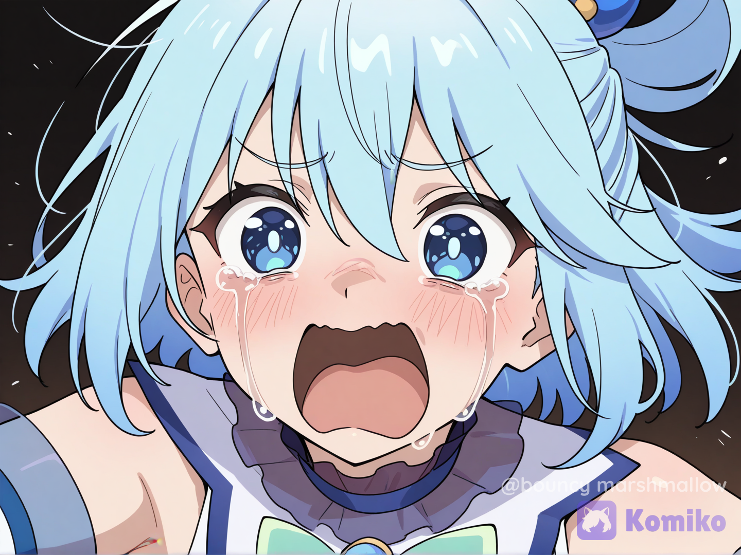Aqua from Konosuba, anime style, close-up shot of an extremely exaggerated funny crying face, wide-open mouth screaming, tears streaming down from large expressive blue eyes, light blue hair, comedic and dramatic facial expression, high-quality anime cel shading, bright and vibrant colors, iconic expression of panic and despair, Studio Deen art style, --ar 16:9 --niji 6