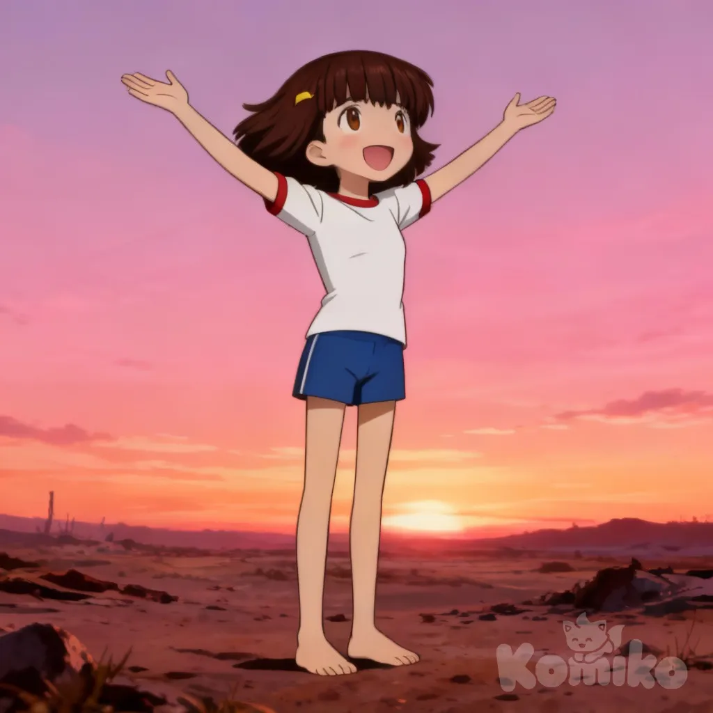 chica anime de cabello marron oscuro de melena corta levantada flequillo y prendedor amarillo en el costado izquerdo del flequillo y ojos marrones sonriendo vestida de playera blancacon bordes rojos en las mangas y cuello de la playera, shorts azules descalza levantando lde lado a lado losd brazoa y las palmas de las manos mirando arriba las piernas y pies juntos en un terreno baldio al amanecer