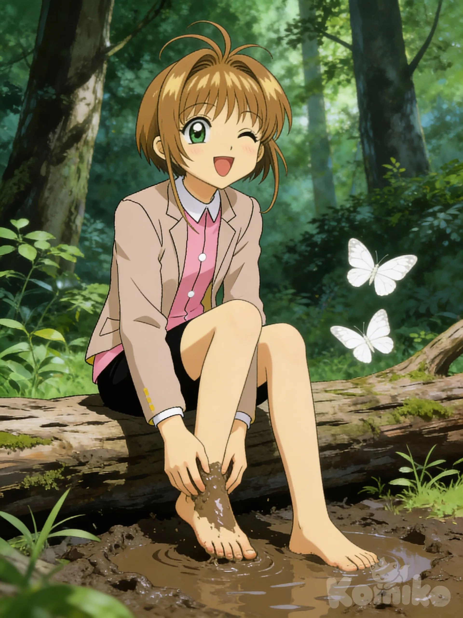 niña anime de cabello castaño corto de flequllo, patillas y dos mechones arriba, ojos verdes y alegre riendo vestida de bluza rosada con cuello y botones blancos sobre chaqueta beige manga larga, calzas manga corta y descalza de dulce sonrisa y cantando sentada en un tronco frotando la planta de los pies en el lodo en un bosque con dos mariposas blancas