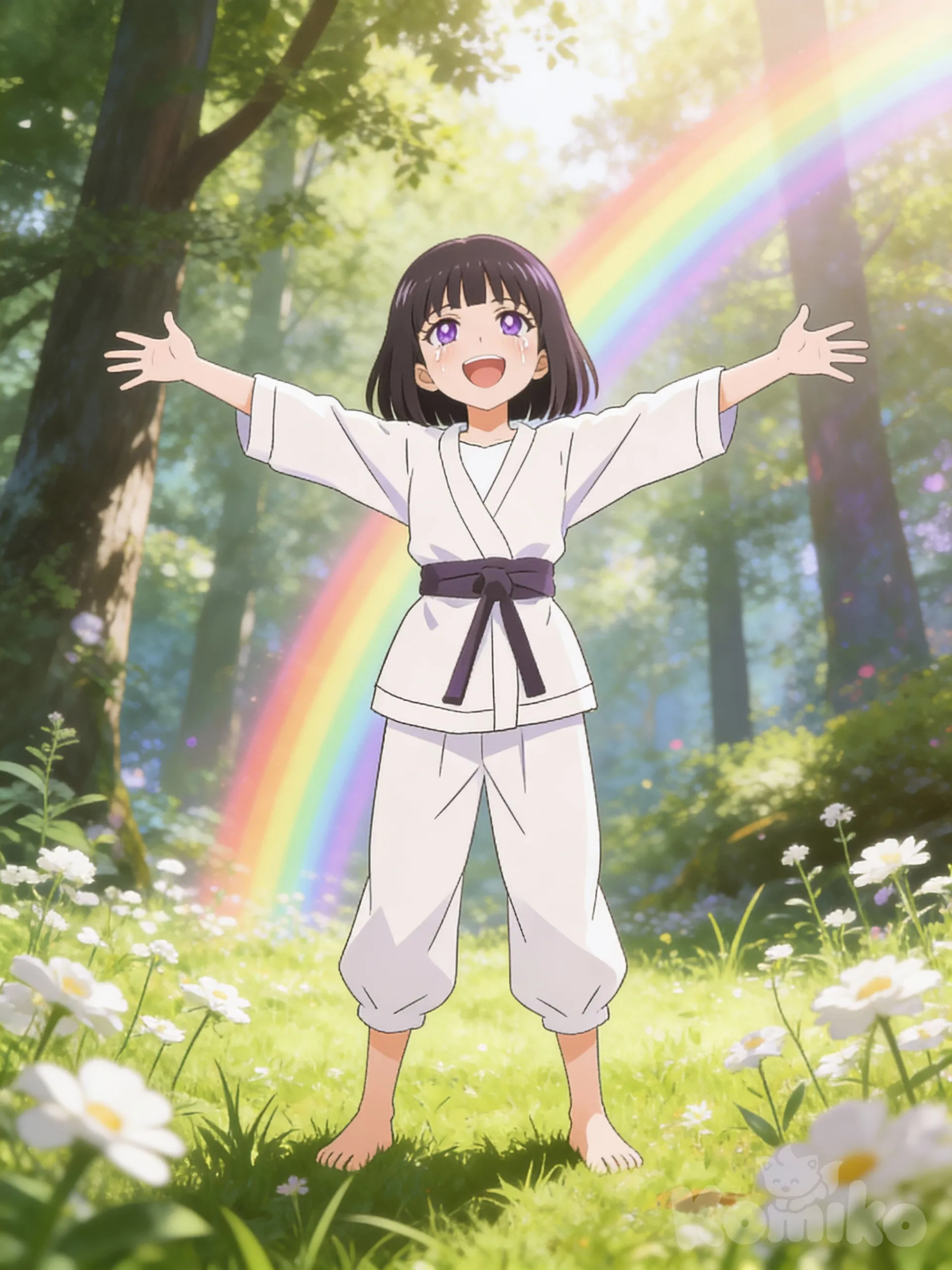 chica anime de cabello negro melena hasta el cuello y flequllo, ojos morados y alegre riendo vestida de gi de karate compuesto de playera blanca sobre chaqueta manga larga blanca, y abrochada con un cinturon negro, pantalones blancos manga larga hasta las rodillas y descalza parada de feente a la camara con una sonrisa llorando de emocion extendiendo los brazos de lado a lado y las palmas de las manos mirando al cielo, las piernas y pies juntos pisando rierra en un bosque de flores blancas y un arco iris luminoso en la mañana