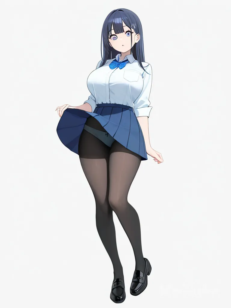 1girl, beautiful, surprised, large breasts, short skirt, visible panties, upskirt, office uniform, single character, full body, looking at viewer, anime style, simple background, white background