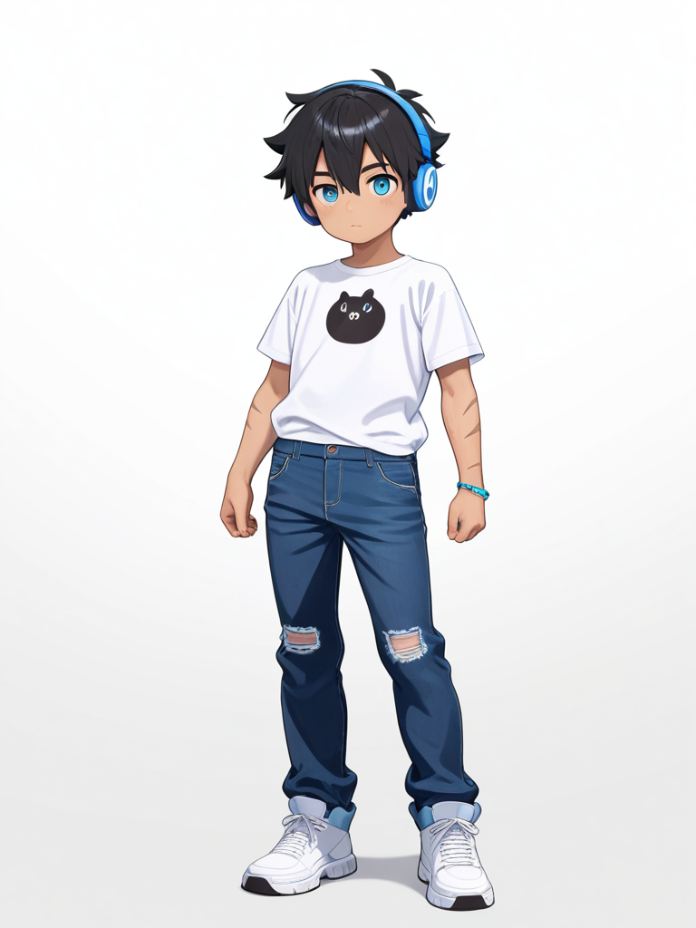 1boy, teenager, petite, muscular, black_hair, frizzy_hair, blue_eyes, scar, fair_skin, t-shirt, jeans, school_uniform, headphones, bracelet, single character, full body, looking at viewer, anime style, simple background, white background