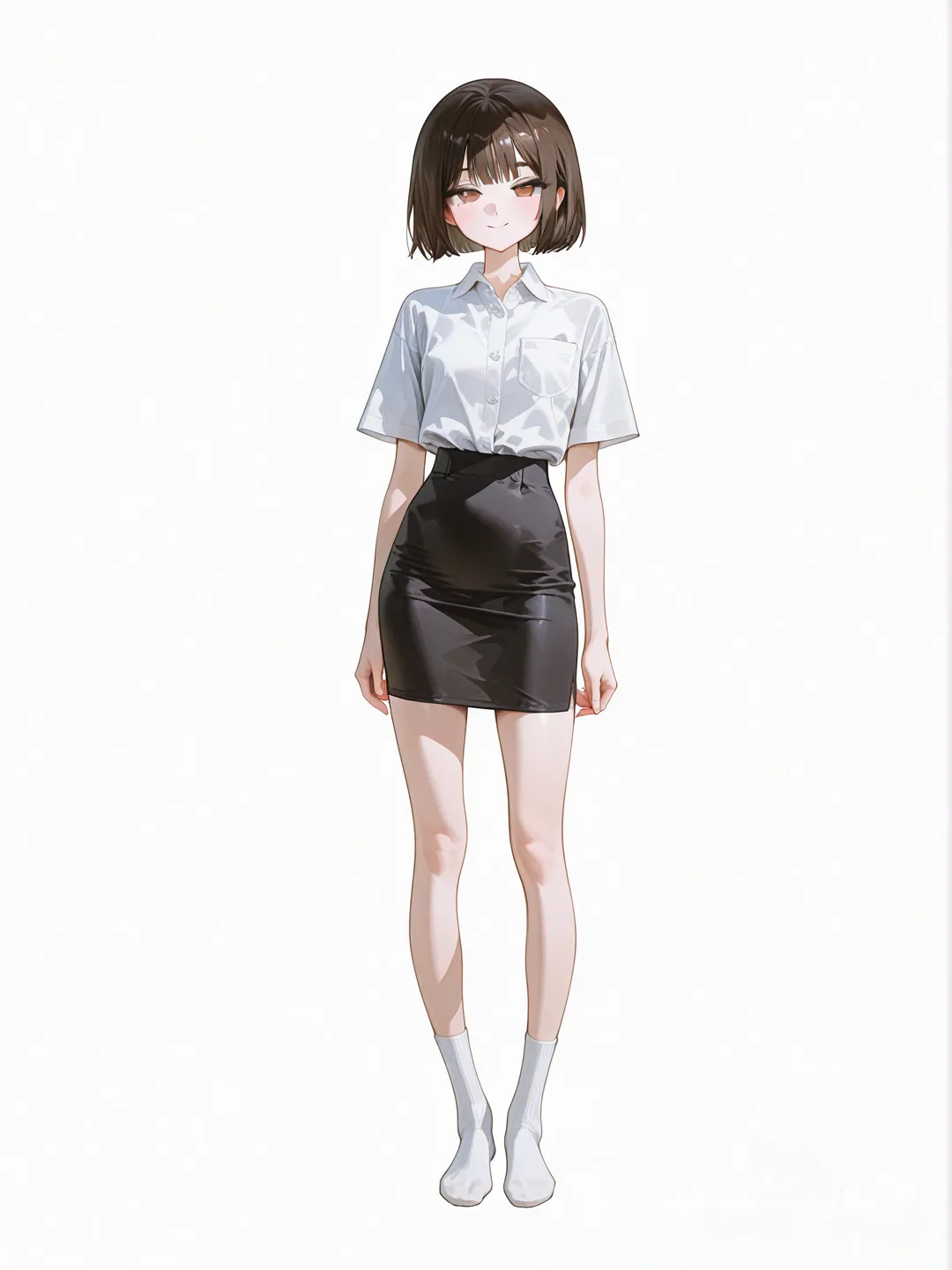 1girl, slim, korean,
Bob cut hair, dark brown hair, oval face, narrow jawline, eye smile, brown eyes, slanted eyes,
formal clothes, white formal shirt, tight shirt, short sleeves, 
black skirt, tight skirt, wrinkle-free skirt, slim legs, crew socks, white socks, tight socks, no shoes,
looking at viewer, full body, simple background, white background, front view, [high-gloss-illustration-style]