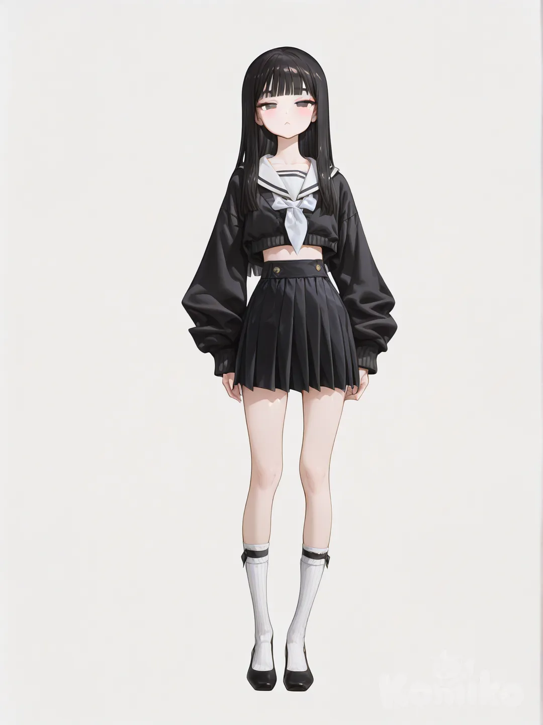 1girl, korean, tall, skinny, long black hair, straight calm hair, small oval face, narrow jawline, light makeup, blunt bangs, long slanted eyes, white simple crop shirt, black cardigan, black medium skirt, crew socks, mid-calf white socks, black ballet shoes, full body, white background, simple background, looking at viewer, front view, [high-gloss-illustration-style]