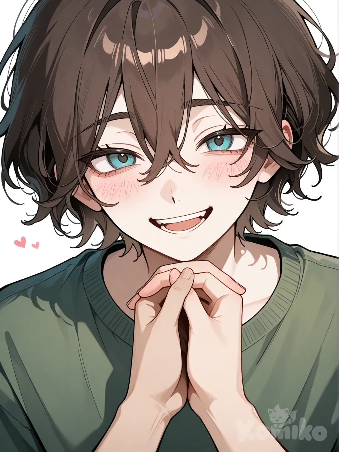 Draw an image of Mike Wheeler and Will Byers from the TV series Stranger things, 2people, holding hands, smile, laughing, blush, upper body, portrait, front profile photo, white background