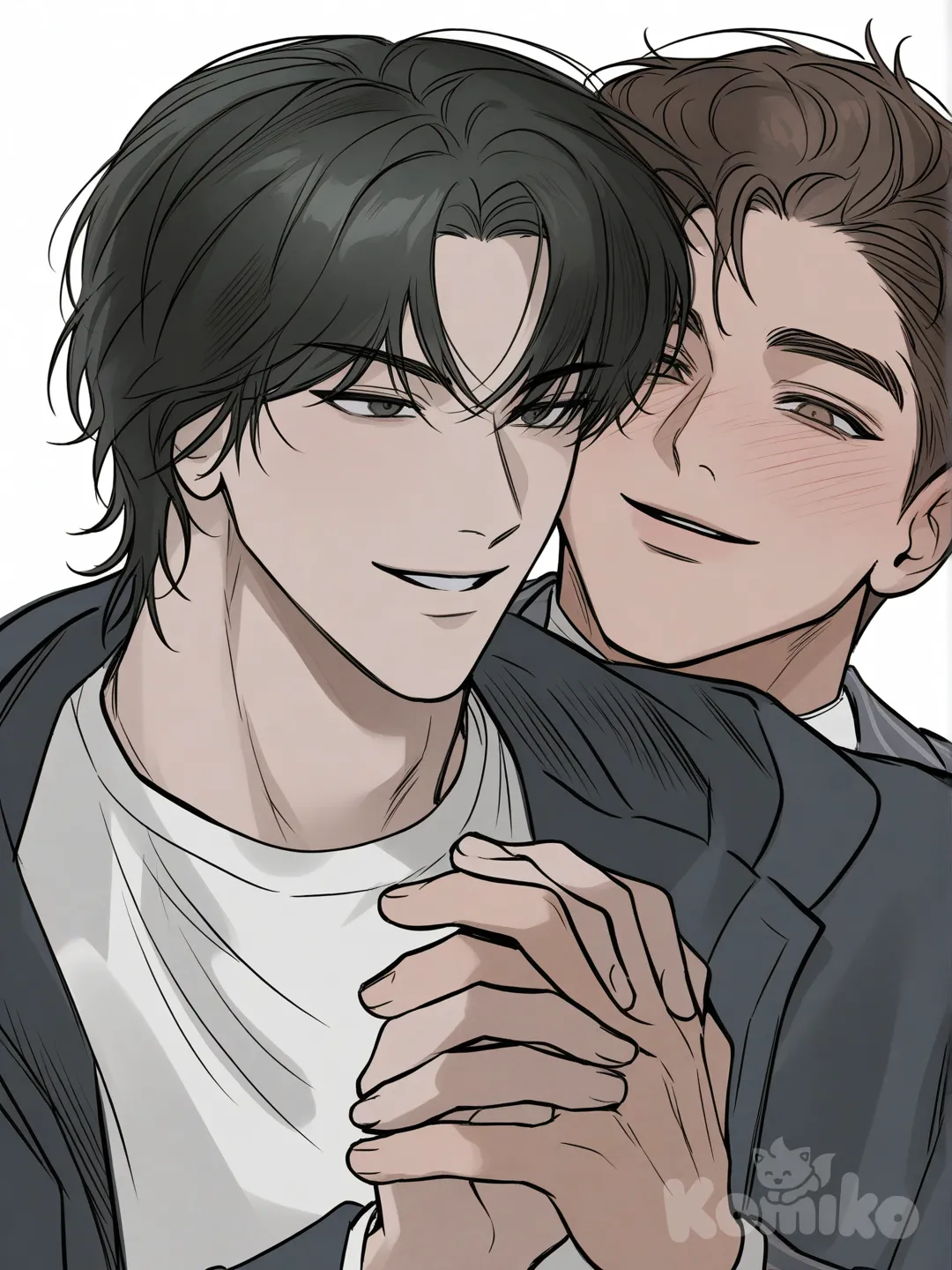 Draw an image of Mike Wheeler and Will Byers from the TV series Stranger things, 2people, holding hands, smile, laughing, blush, upper body, portrait, front profile photo, white background, [muscular-manhwa-style]