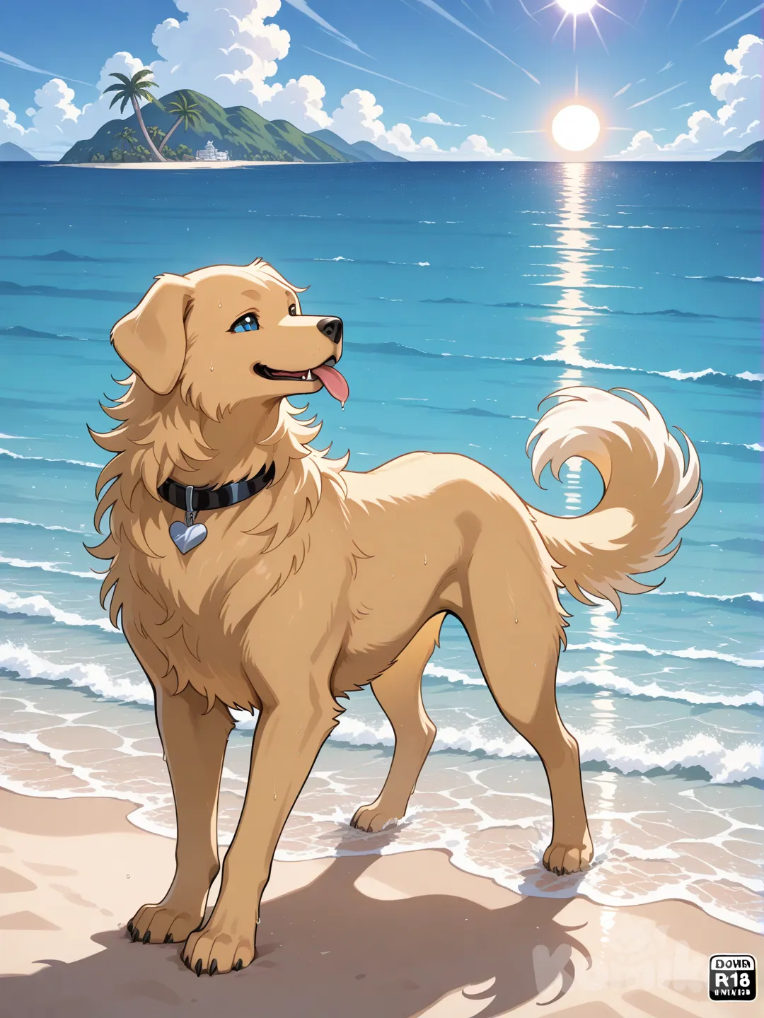 saint seiya, golden retriever, dog girl, beach, ocean, day, sun, island