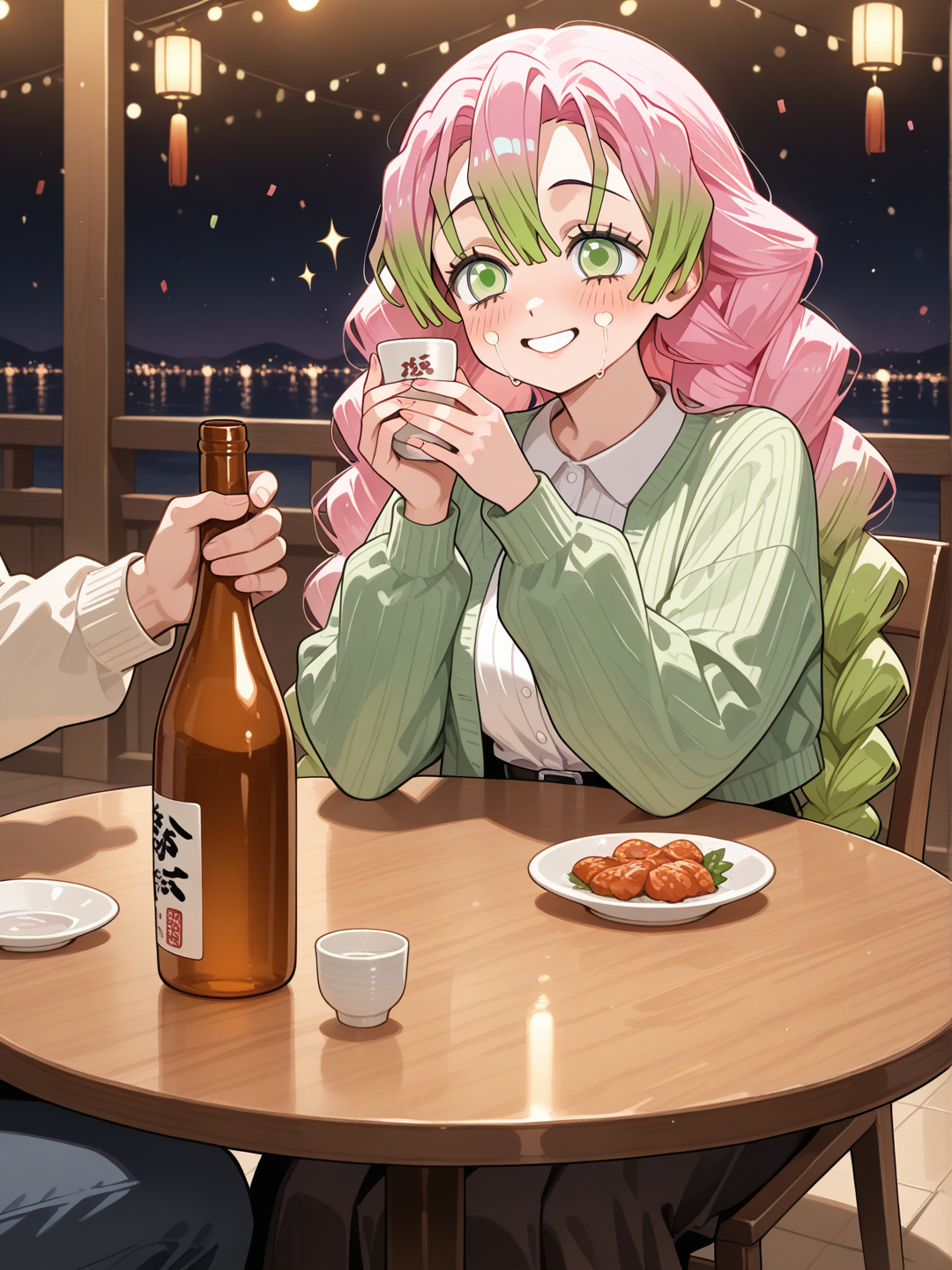@Kanroji_Mitsuri, toma unas copas de sake con un amigo, su amigo sonríe, están celebrando, full body, ella bebé una botella , closeup