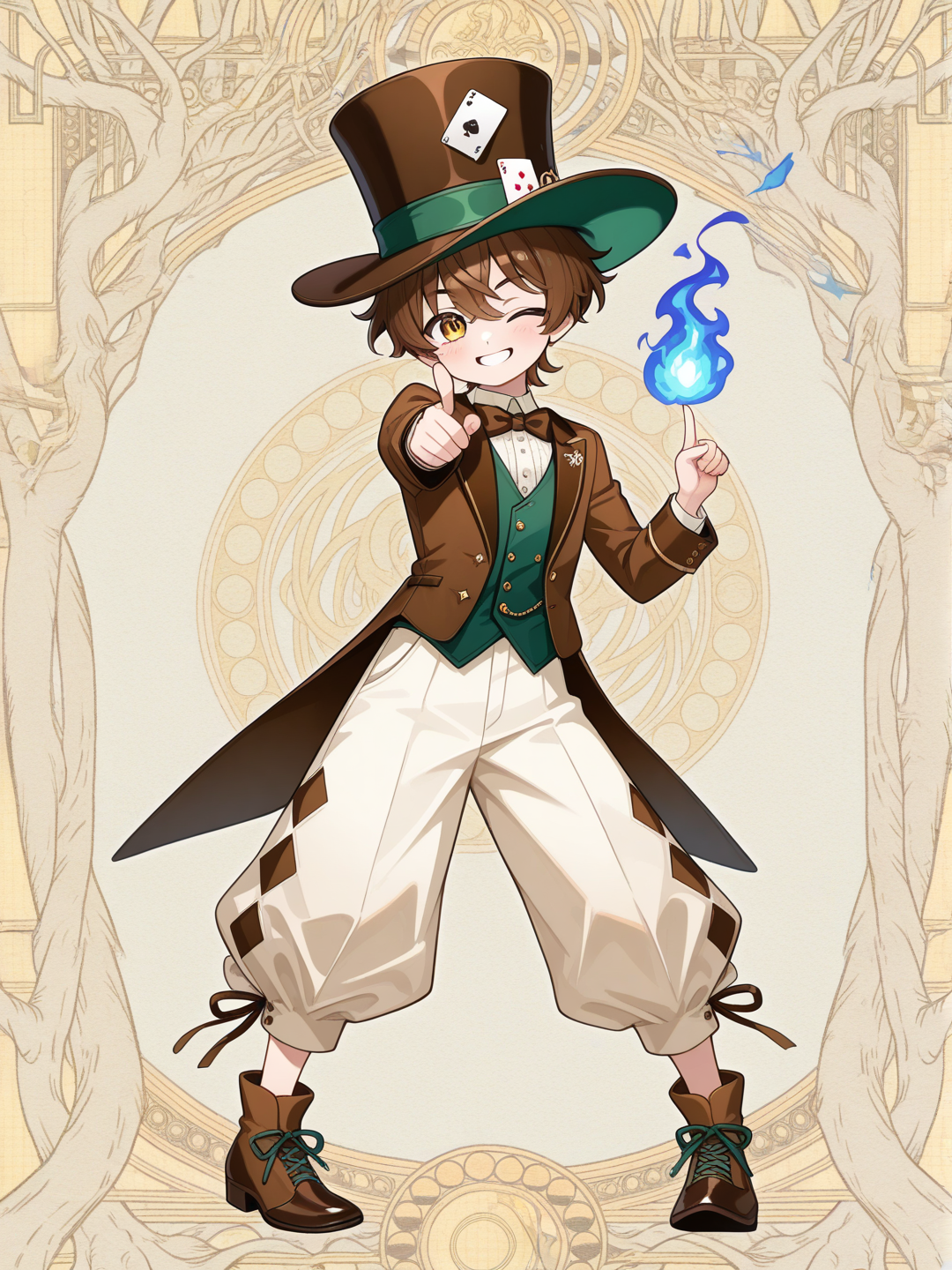 Chico joven, cabello castaño, gran sombrero de copa adornado con 2 cartas, terno color café similar a chaqueta, pantalón ancho crema, chaleco verde, sonríe, giña un ojo, su dedo nos apunta, bola de fuego azul concentrada en la punta de su dedo como remolino, zapatos bufonescos, montaña