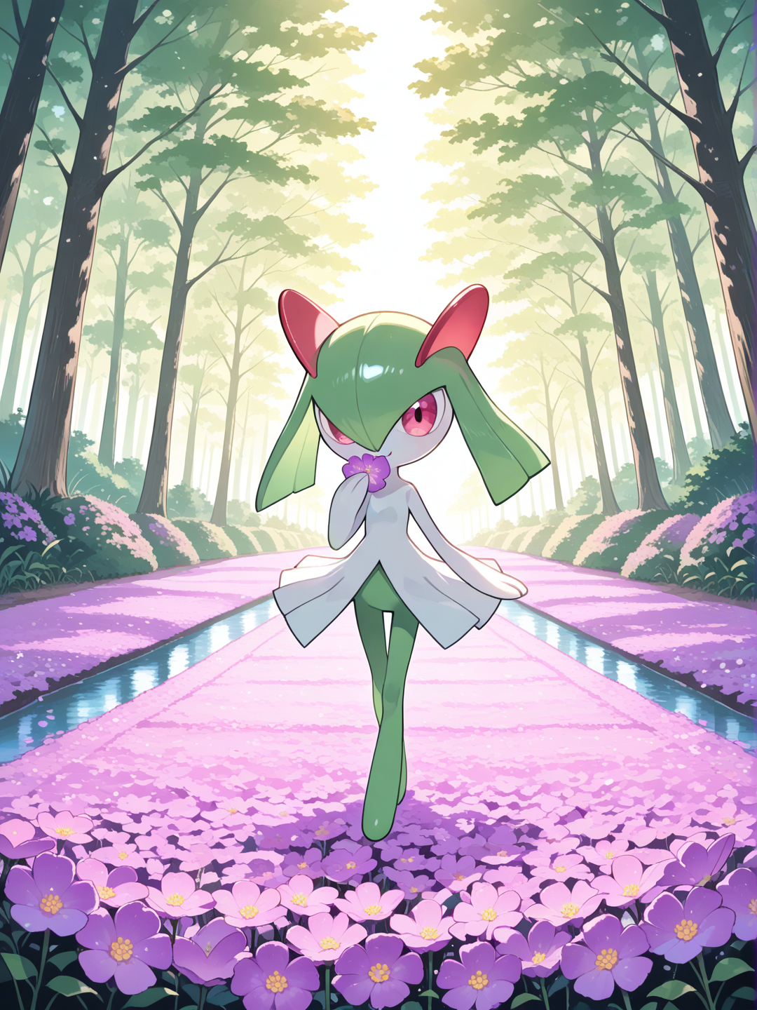 kirlia, alegre en el bosque, serca de un río, come unas vayas, hay muchas flores al rededor