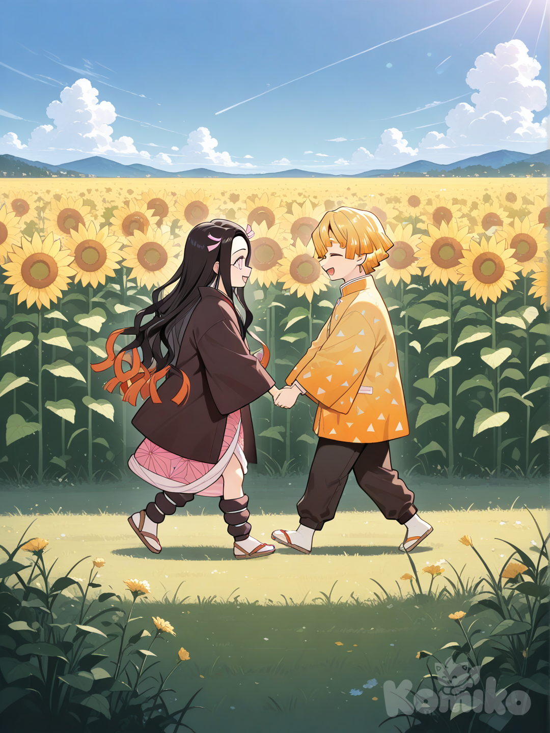 @Agatsuma_Zenitsu y @Kamado_Nezuko caminando de la mano en una pradera de girasoles