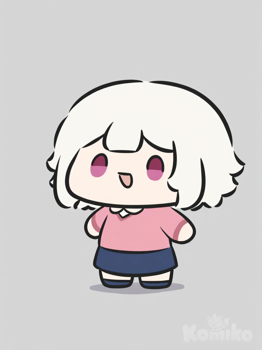 1girl, chibi, child, white hair, short hair, bangs, pink eyes, fair skin, pink sweater, navy skirt, blue shoes, petite, small breasts, simple clothing_(Genshin_Impact), [bubble-chibi-style]