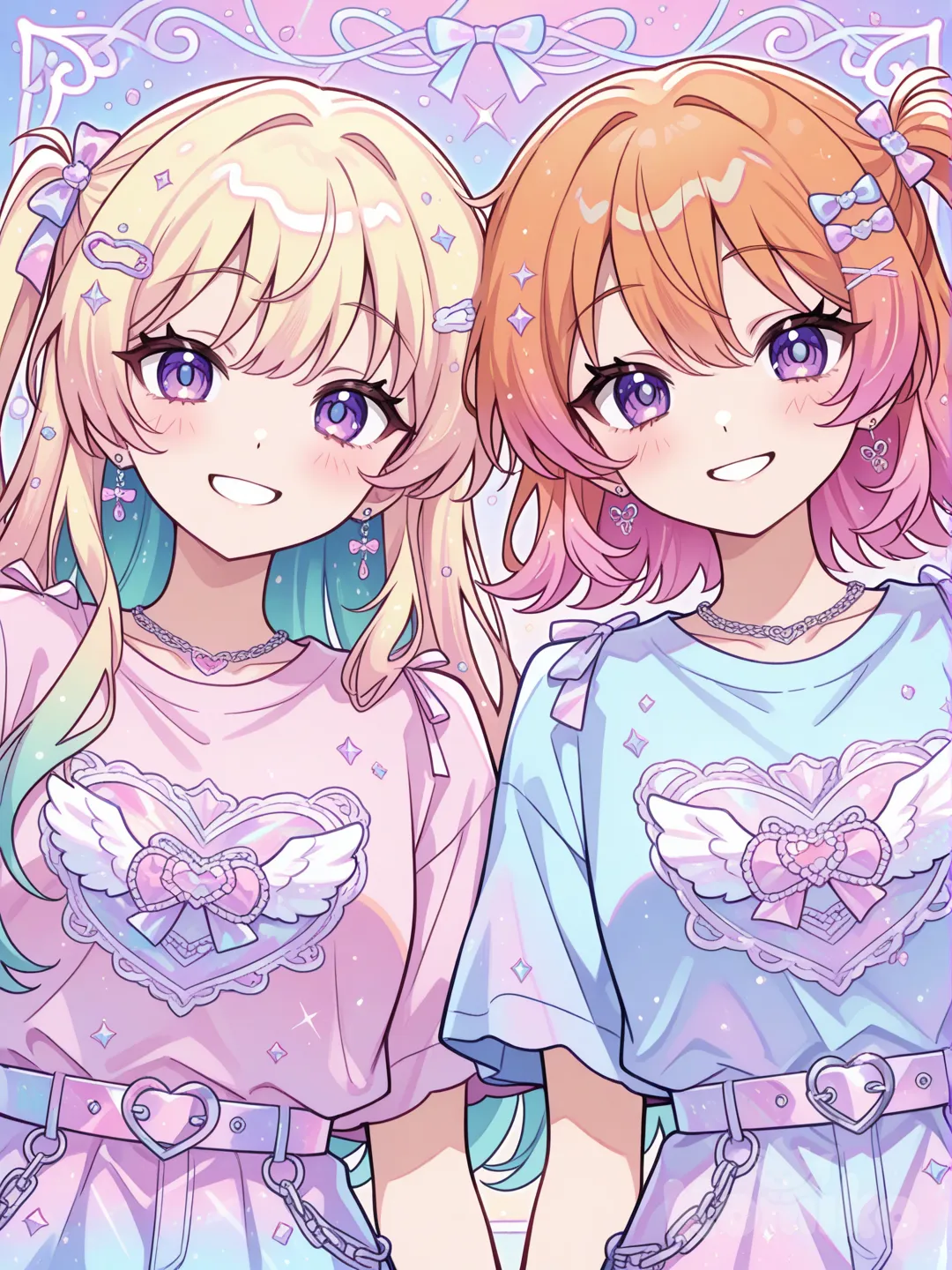 two anime girls, best friends, colorful anime style, artwork