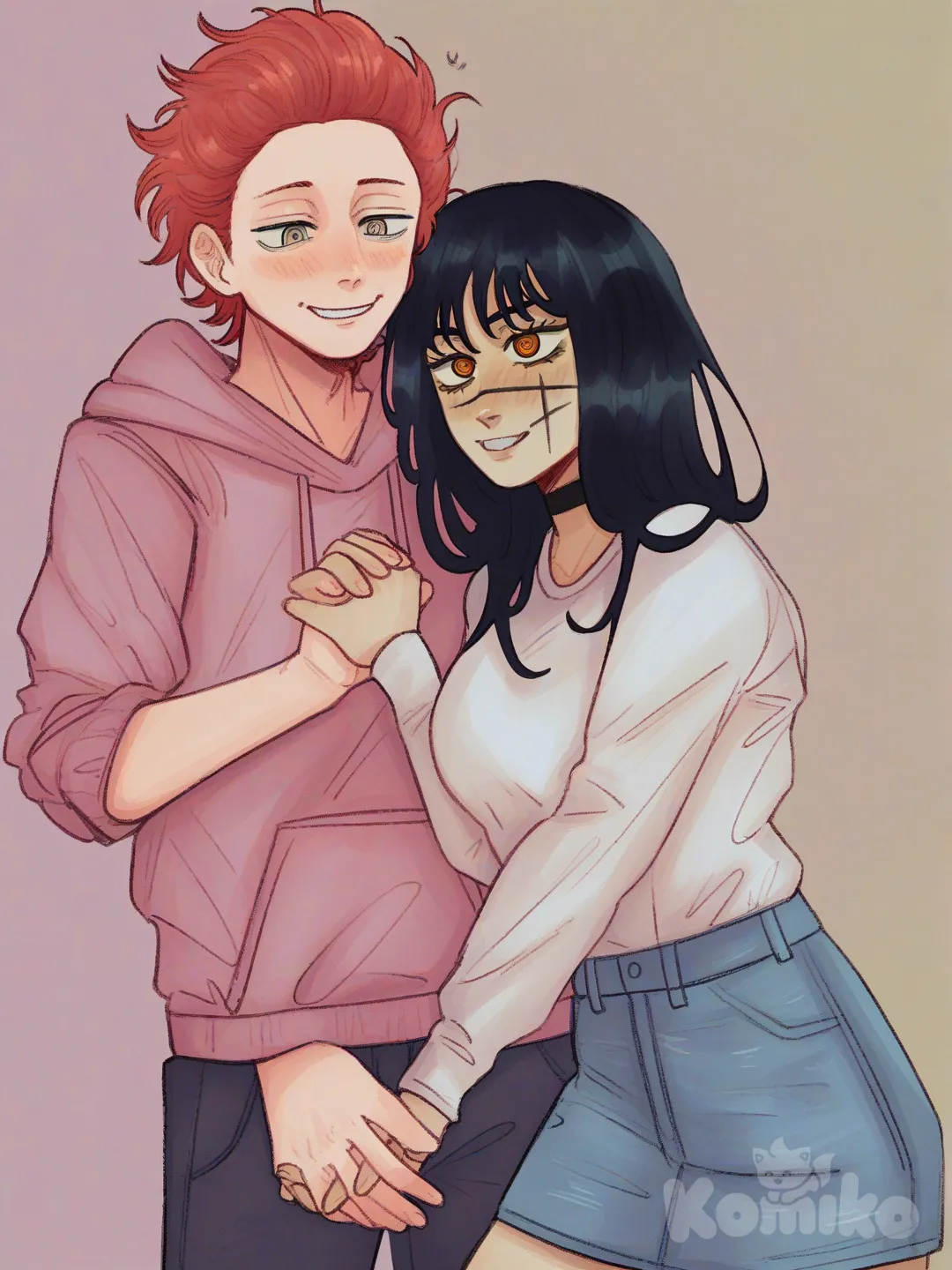 best friends, colorful anime style, artwork , [soft-shaded-moe-style], 2people, holding hands, blush, hoodie, t-shirt, denim skirt, jeans, Hisoka Morow, Yoru (Chainsaw Man), Fami (Chainsaw Man), Makima (Chainsaw Man)