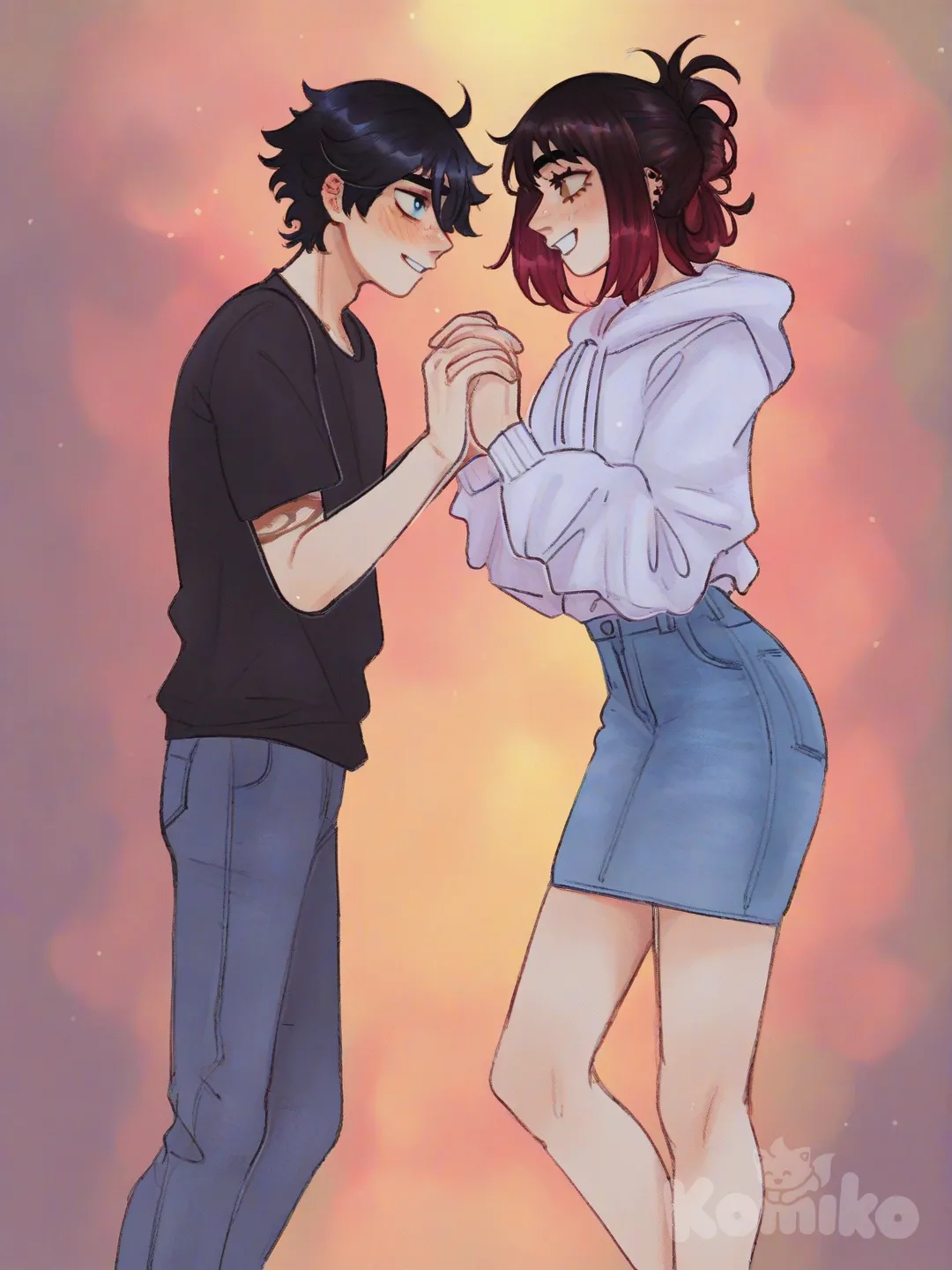 one anime girls, one anime boy ,best friends, colorful anime style, artwork , [soft-shaded-moe-style], 2people, holding hands, blush, hoodie, t-shirt, denim skirt, jeans