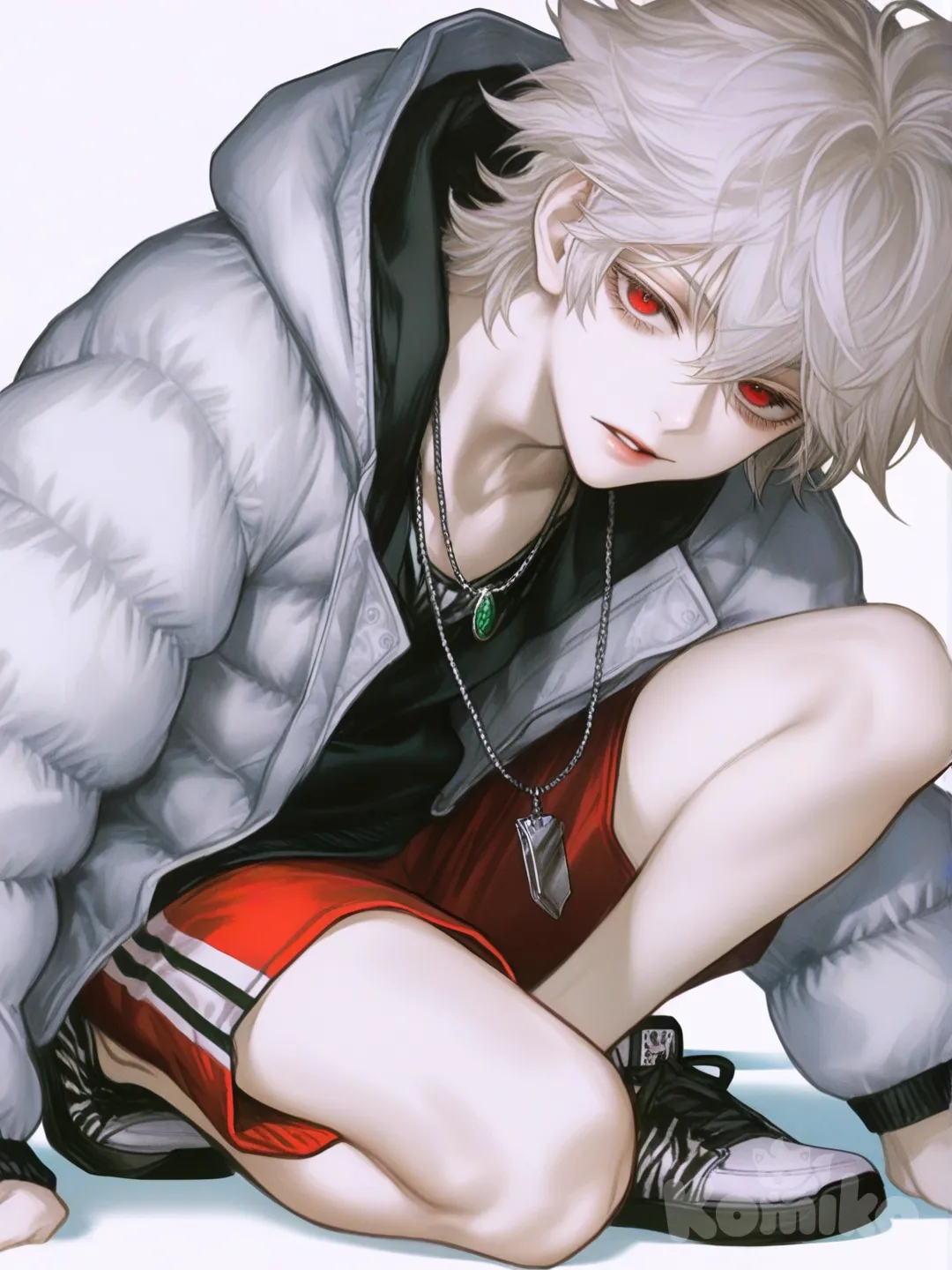 [semi-realistic-portrait-style] 1boy, teenager, white hair with blue, red eyes, pale skin, hoodie, beach shorts, down jacket, zebra print, necklace, single character, full body, looking at viewer, anime style, simple background, white background