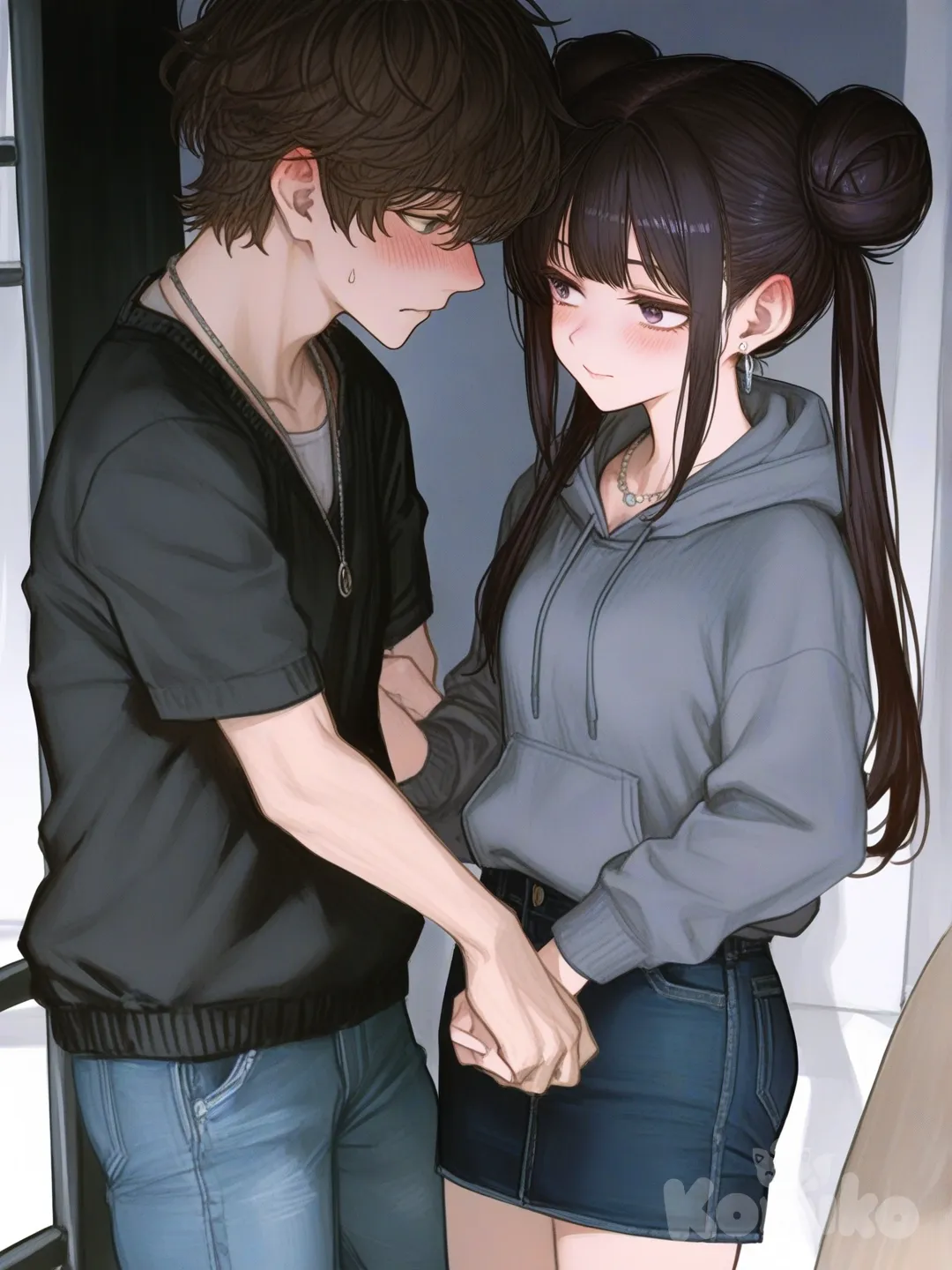 1boy, 1girl, 2people, [semi-realistic-portrait-style], holding hands, blush, hoodie, t-shirt, pencil skirt, jeans, suit, earrings, necklace, bun, twin tails, navy blue, charcoal black, day, stage