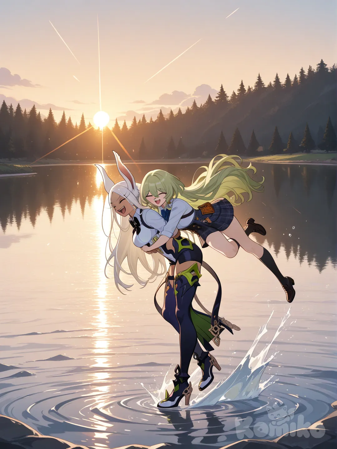 2girls, Mirko, Mobius (Honkai Impact), full body, side light, lake, hugging, laughing, smile