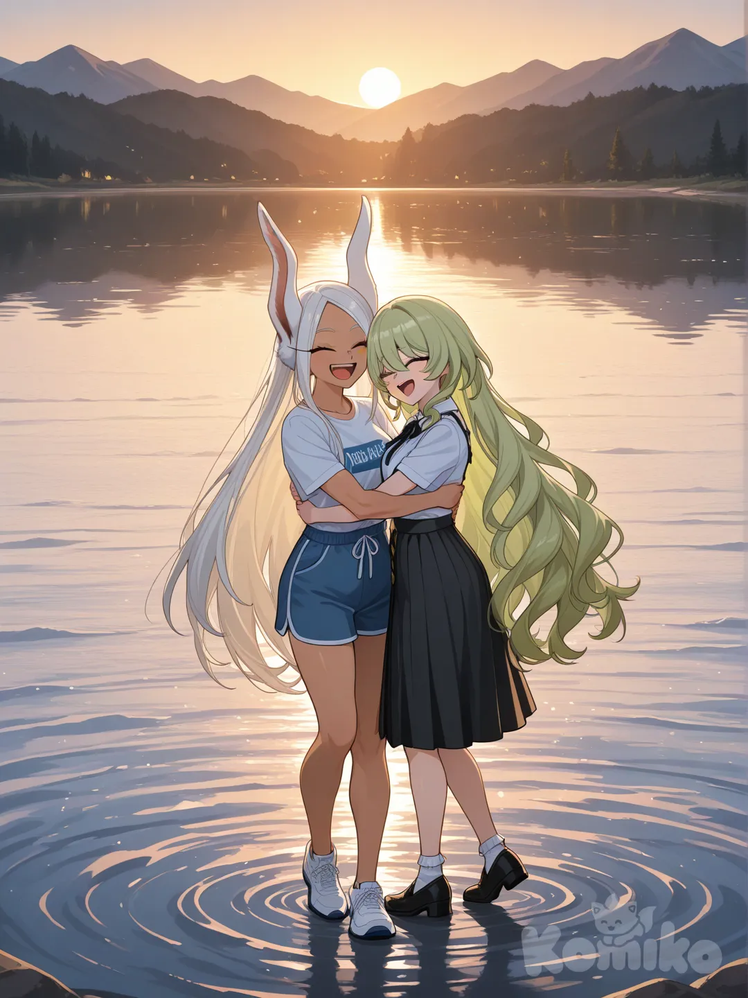 2girls, Mirko, Mobius (Honkai Impact), full body, side light, lake, hugging, laughing, smile