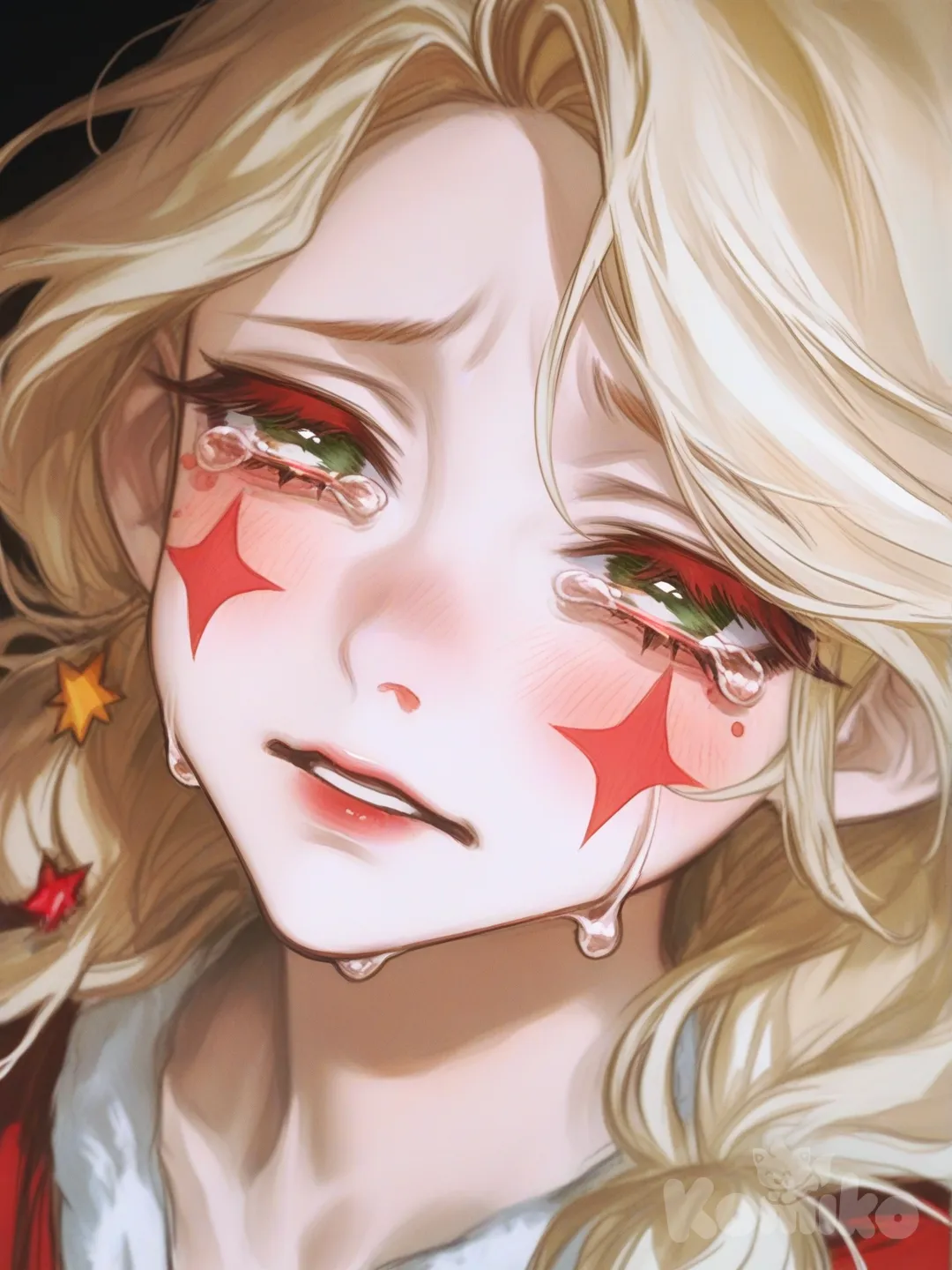 1girl, @Charlie_Magne, @Angel_Dust, [semi-realistic-portrait-style], crying, tears, sad, disappointed