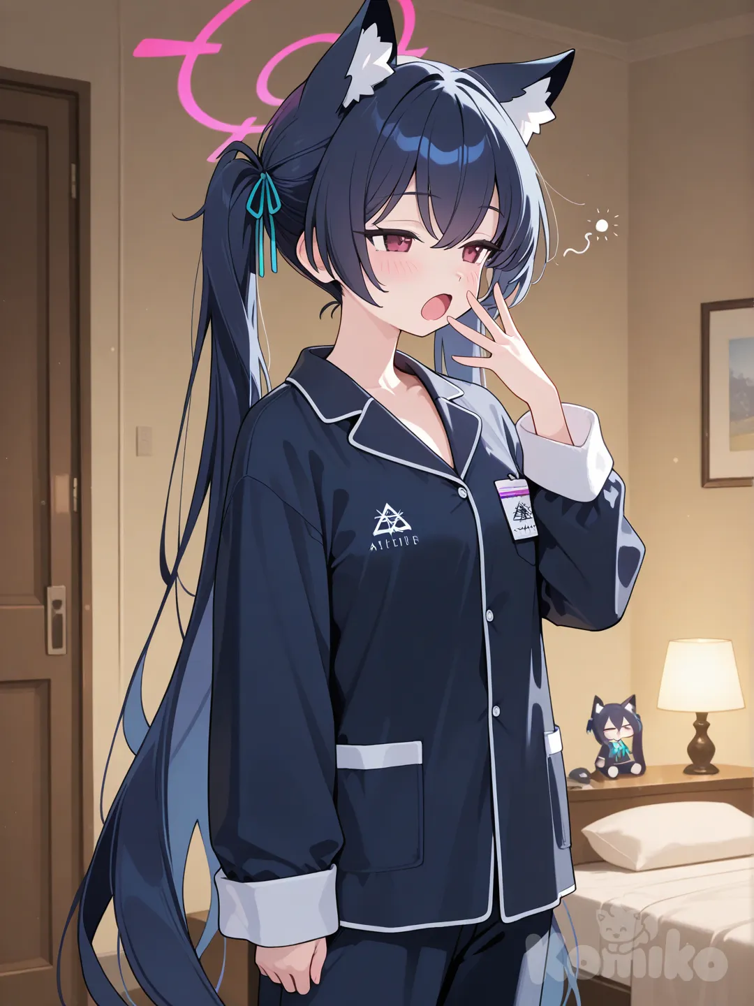 serika black pajamas, yawning, standing on bedroom, looking away