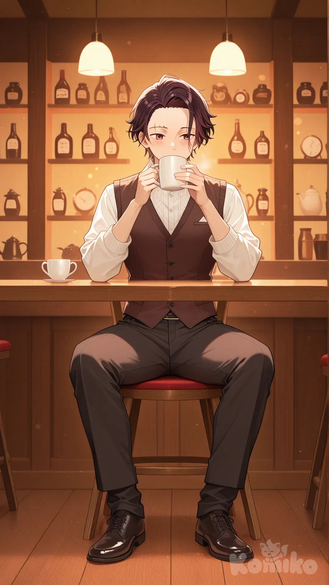 @Kamado_Tanjirou Tanjiro Kamado, modern café setting, sitting casually at a wooden café table, sipping coffee from a ceramic cup, calm and gentle expression, accurate anime face features (soft eyes, scar on forehead, short tousled dark hair with burgundy tint), wearing modern aesthetic outfit: white shirt, fitted neutral-toned vest, tailored pants, clean minimalist style, warm indoor lighting, cozy café interior, soft bokeh background, anime realism style, high detail, high resolution, cinematic depth, no text, full body, cinematic lighting, cafe, knitted vest