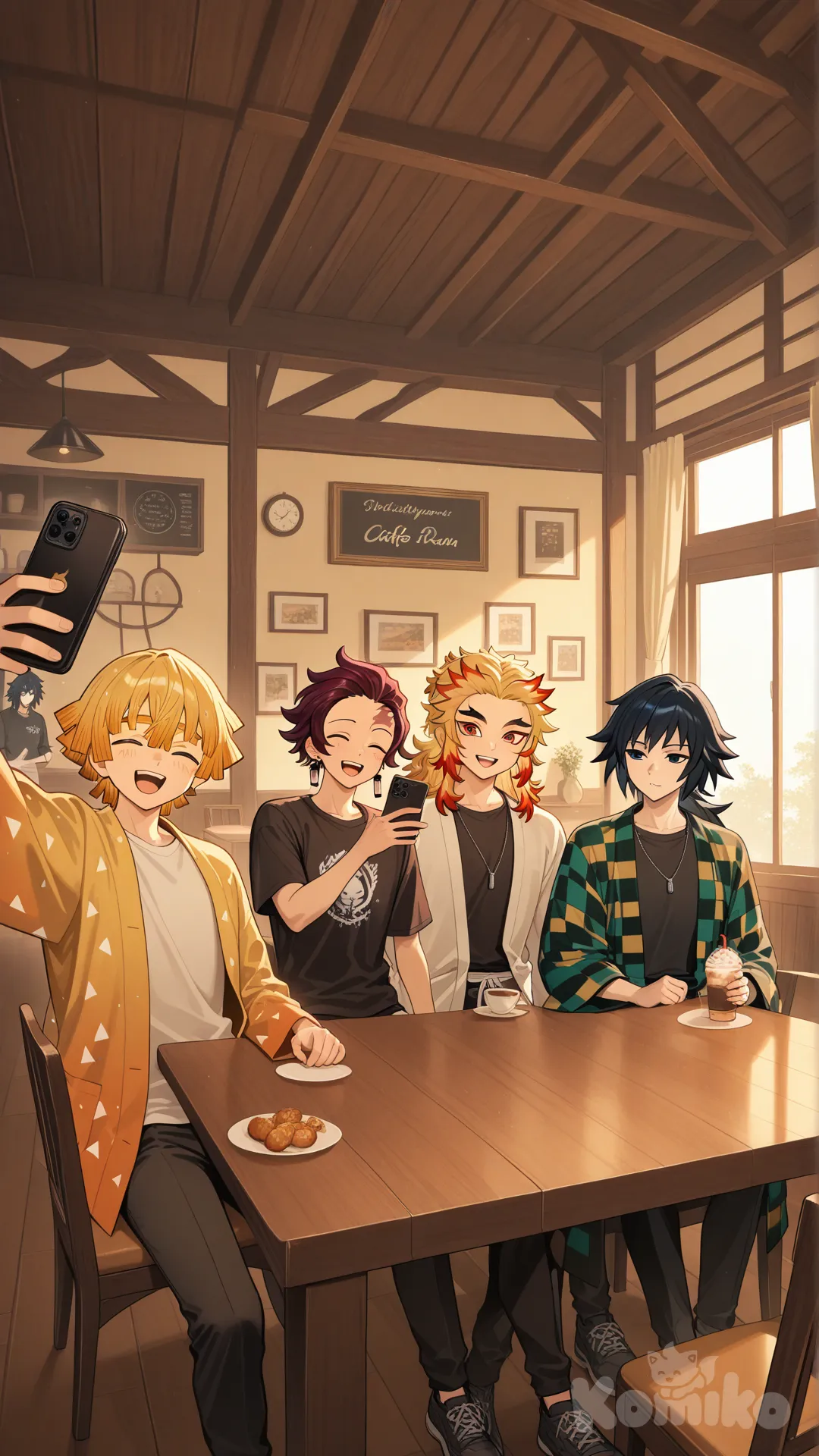 Kamado Tanjirou, Agatsuma Zenitsu, Tomioka Giyuu, Rengoku Kyoujurou, Hashibira Inosuke, ultra-wide shot, cinematic lighting, cafe, selfie, gathering together, smile, laughing