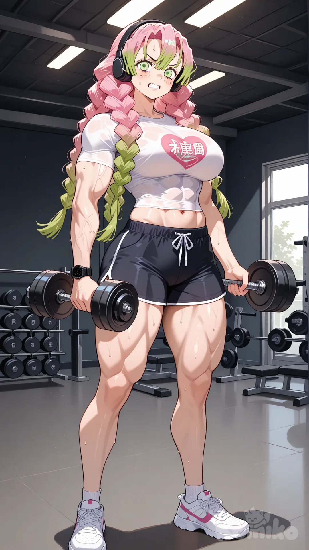 lifting heavy dumbles with each hands , aggressive expression,sweating, t-shirt, wearing shorts, headphones, digital watch, day, gym, full body, Kanroji Mitsuri looking at viewer