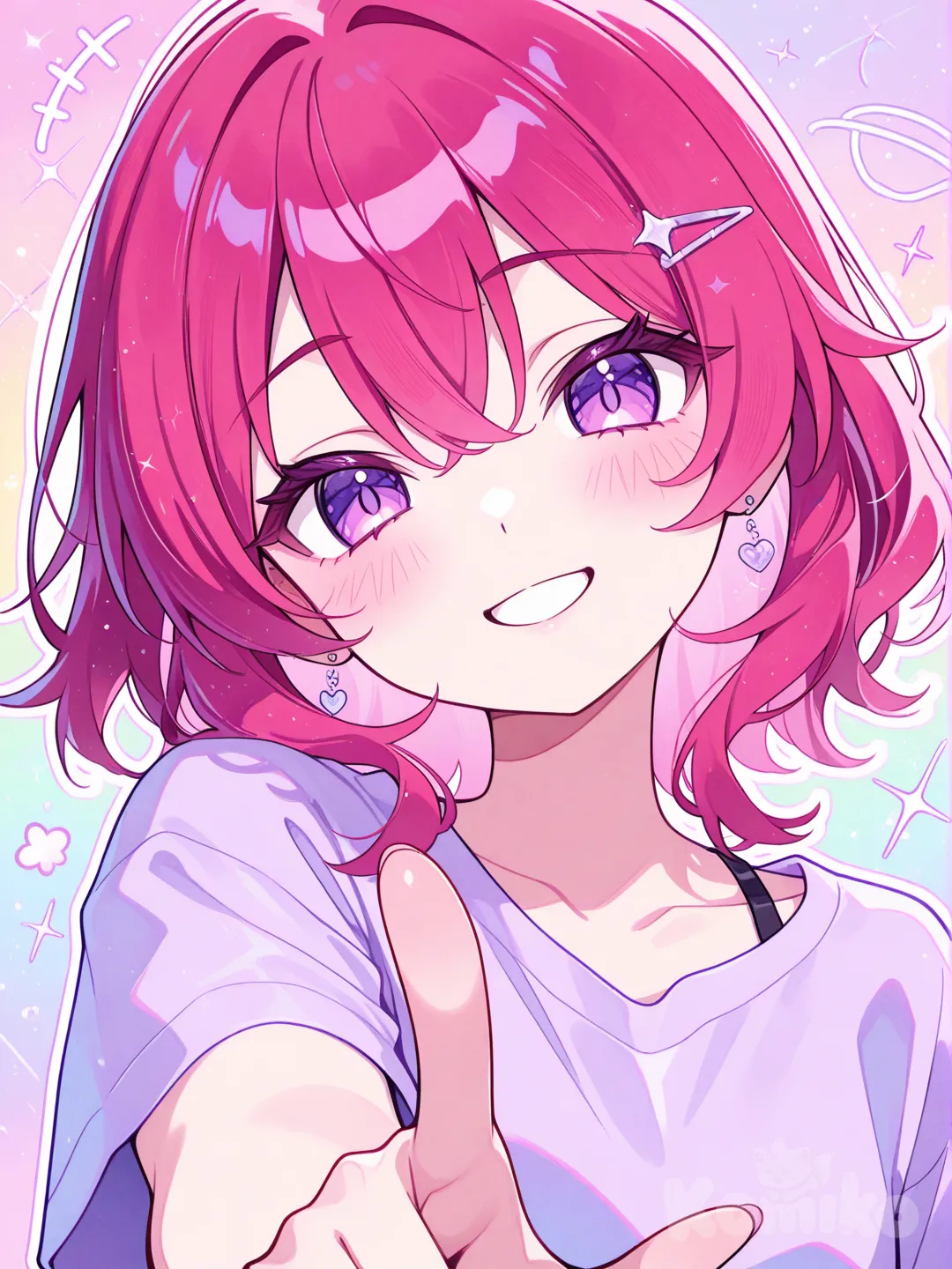 anime girl, cute expression, vibrant colors, anime art, head tilt, pointing at viewer