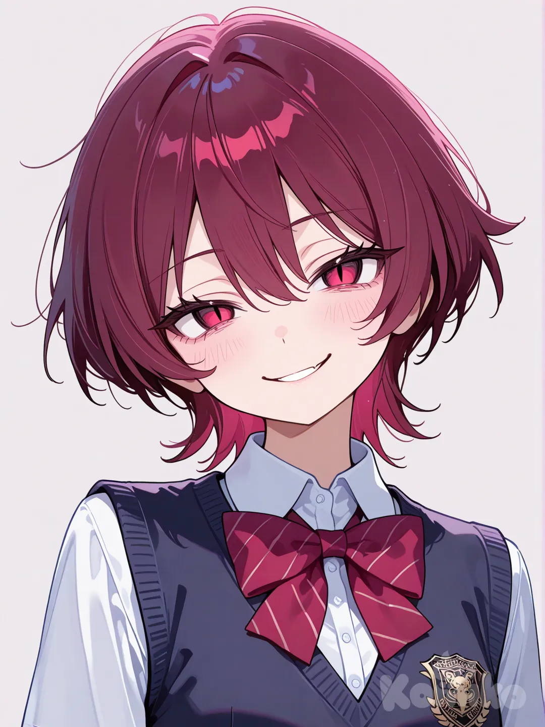 1girl, school vest, head tilt, evil smile