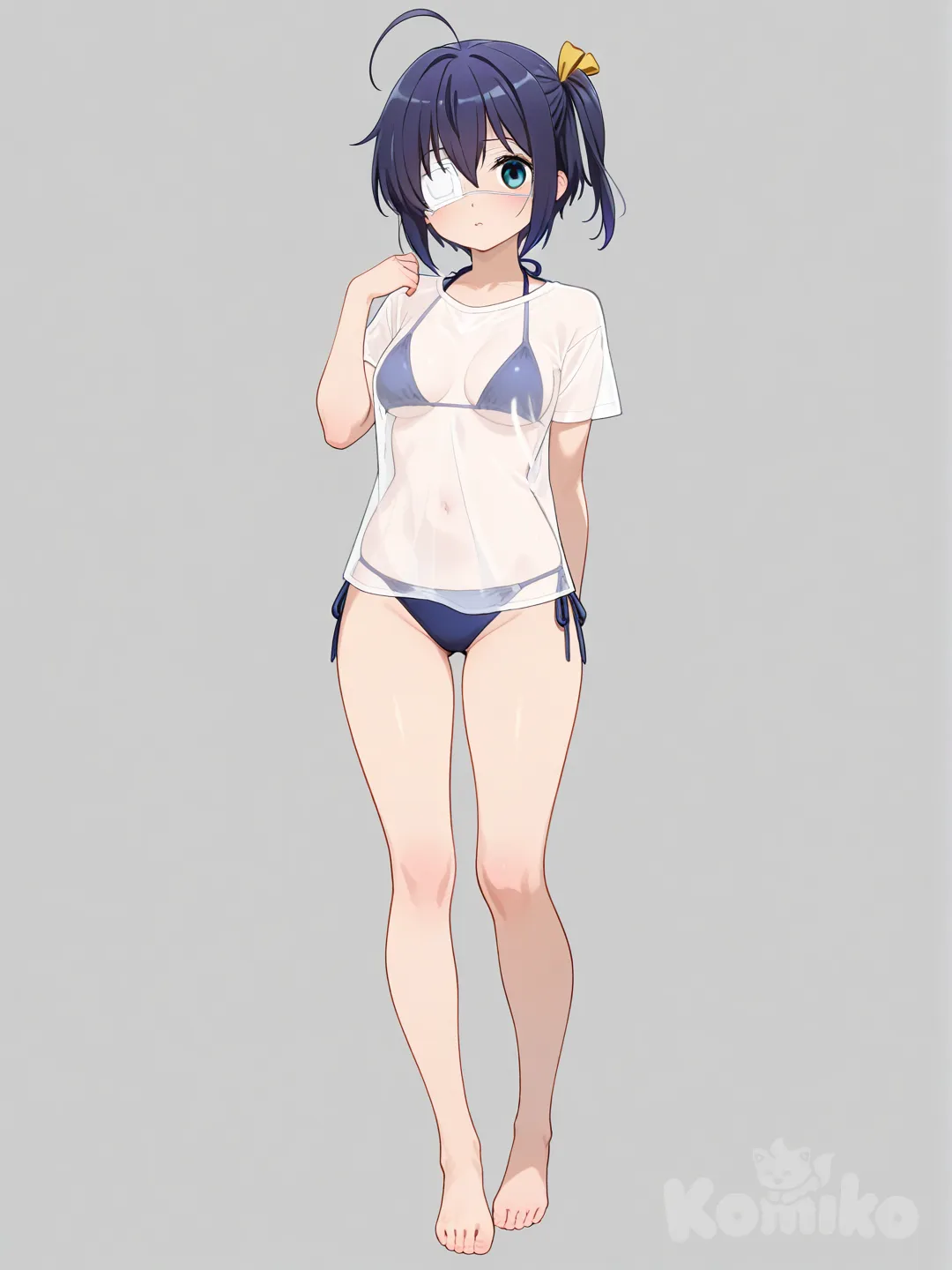 takanashi rikka, transparent shirt, bikini, medium breasts, tender gaze, full body, barefoot