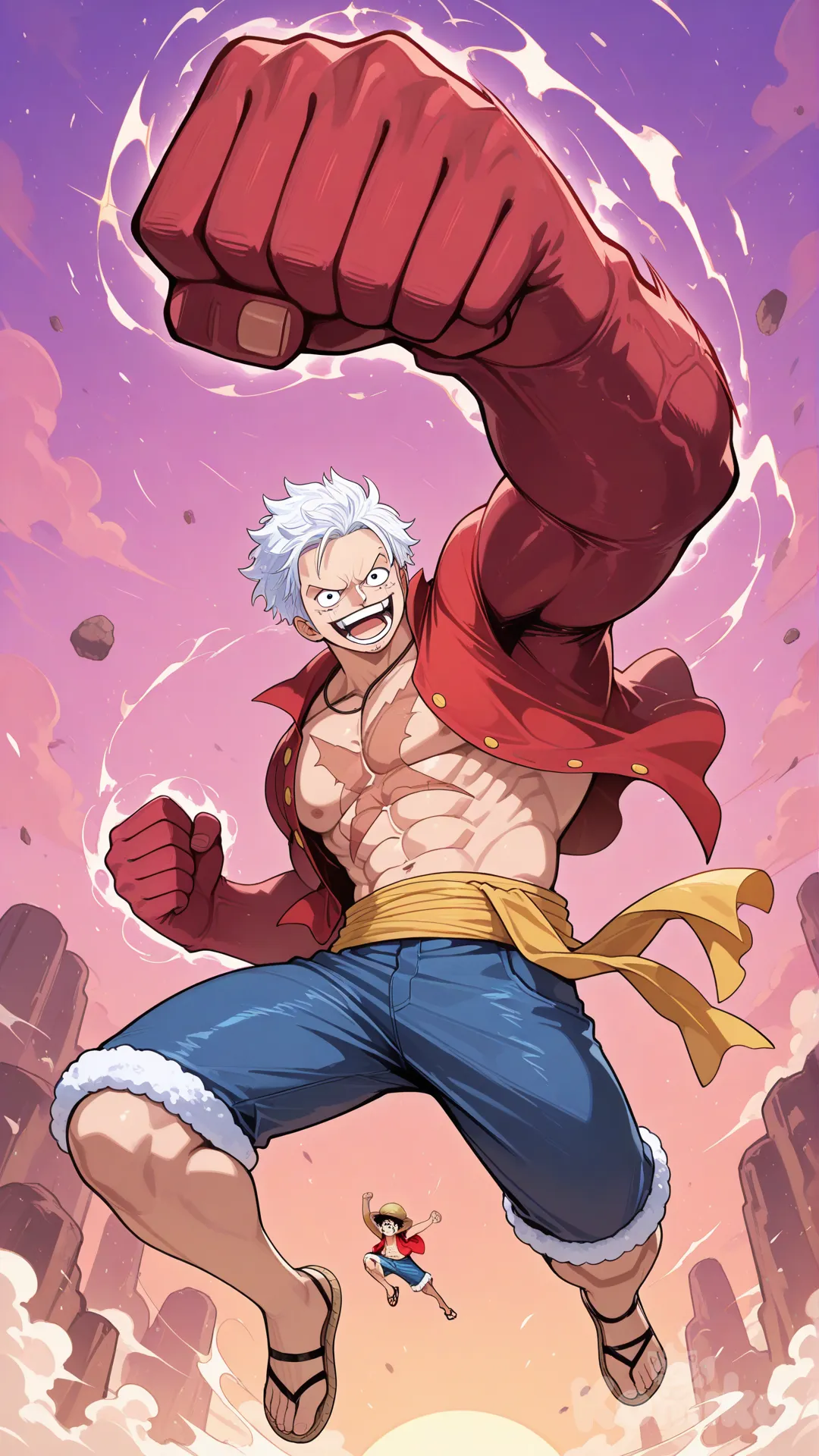 monkey d. luffy, lanzando un puñetaso, saltando, 5ta marcha