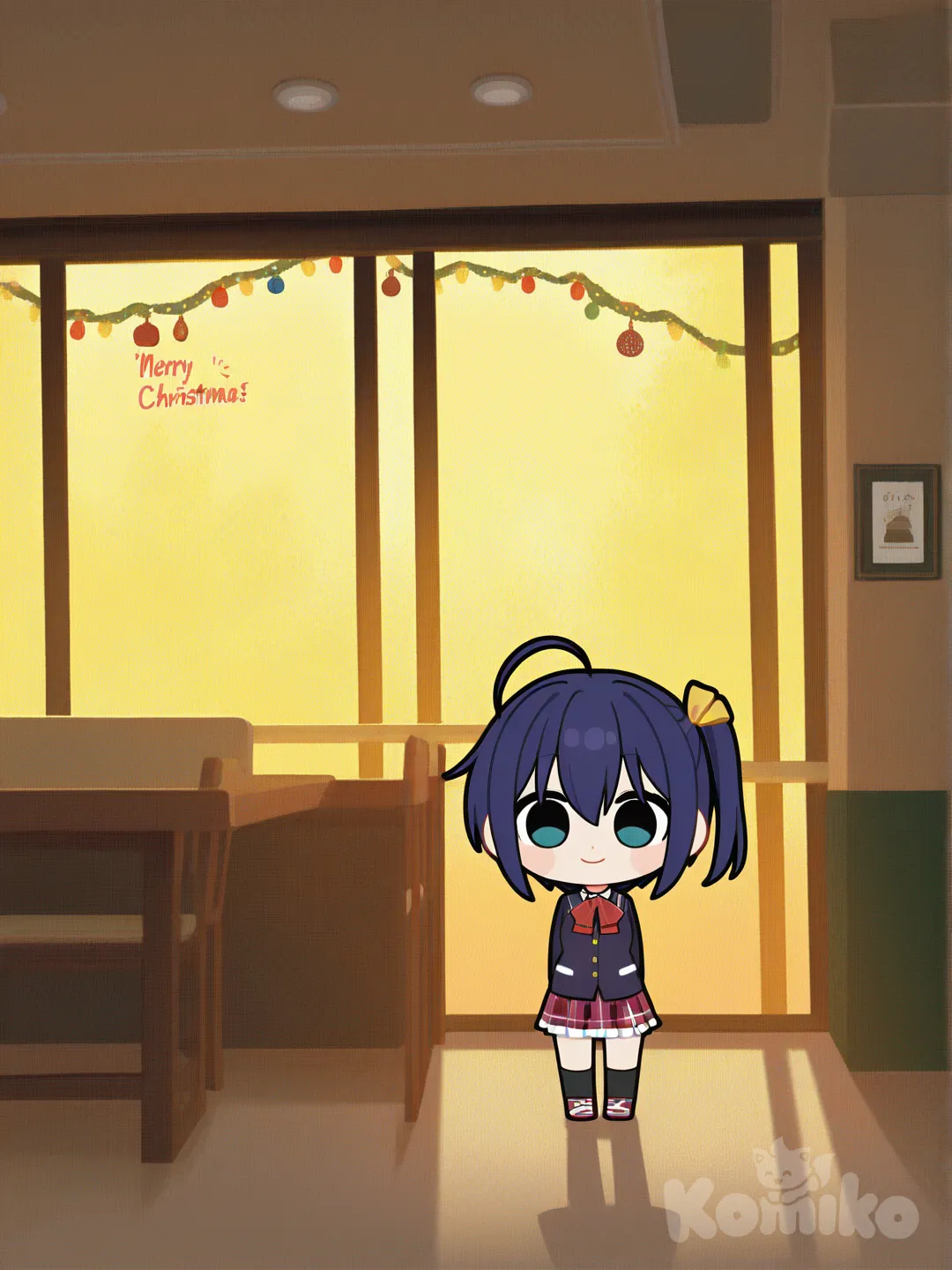 takanashi rikka, school uniform, medium breasts, portrait, full body, looking at viewer, ambient light, cinematic lighting, day, restaurant, merry christmas, christmas lights, christmas, [flat-chibi-style]