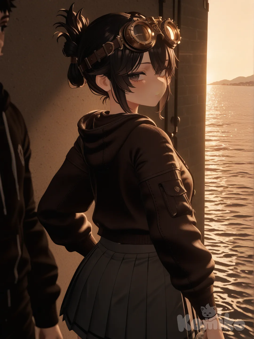 2people, 1boy, [3d-model-style], looking back, hoodie, pleated skirt, steampunk goggles, updo, charcoal black, closeup, cinematic lighting, ocean