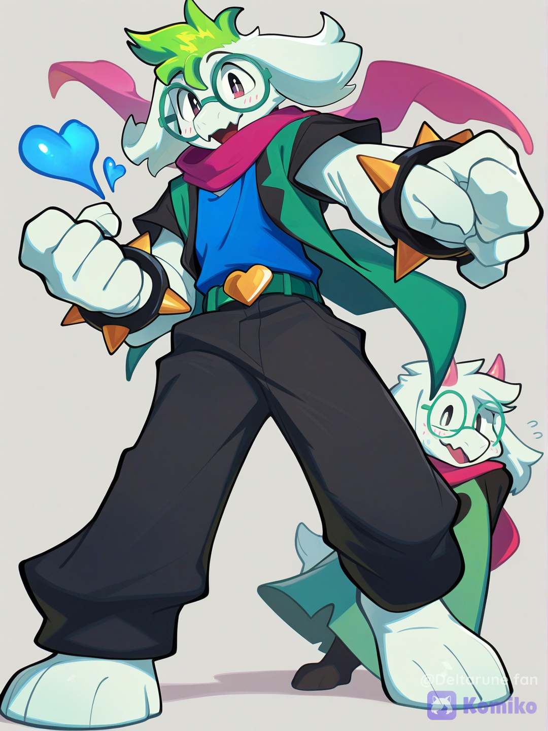 full body, ralsei (deltarune), Green mohawk, blue tank top, black vest, black pants, belt with a blue heart, spiked bracelets, [layered-cel-anime-style]